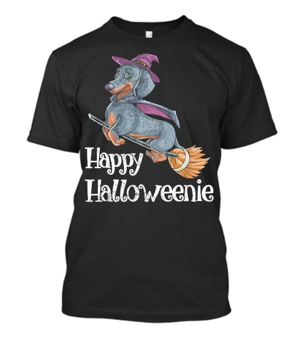 Happy Halloweenie Dachshund Witch Riding Broomstick T-Shirt