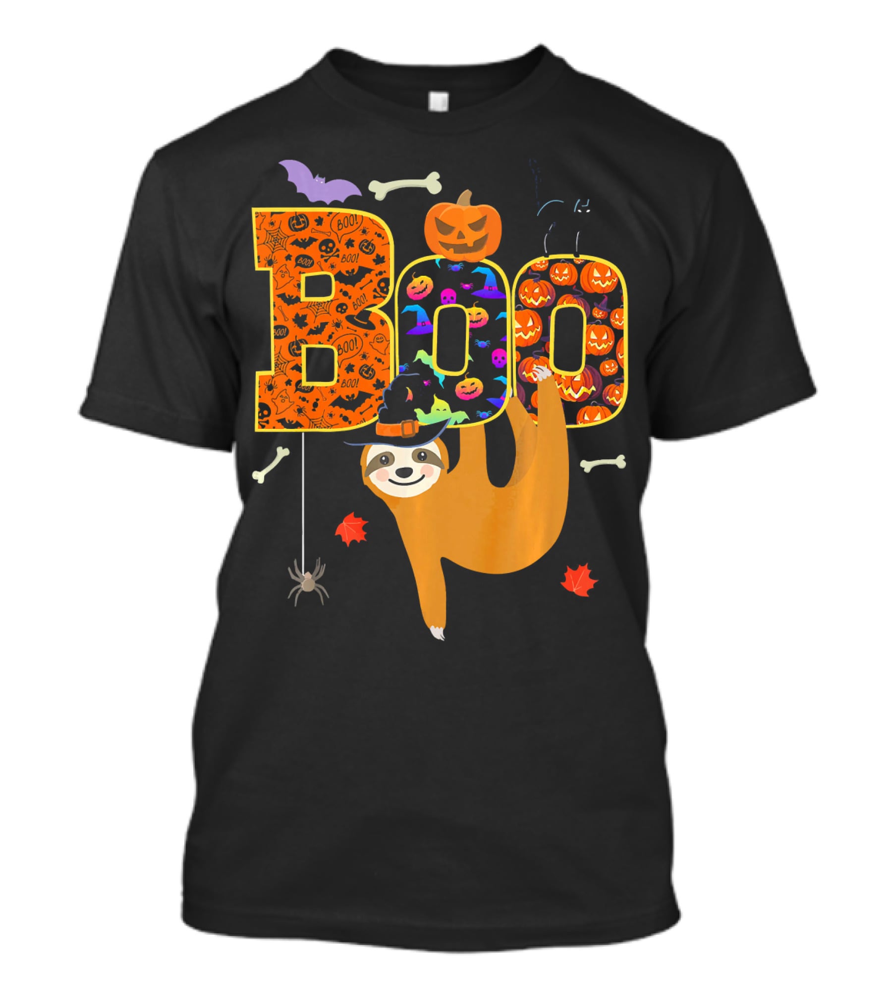 Boo Halloween Sloth With Witch Hat Pumpkins And Spider T-Shirt
