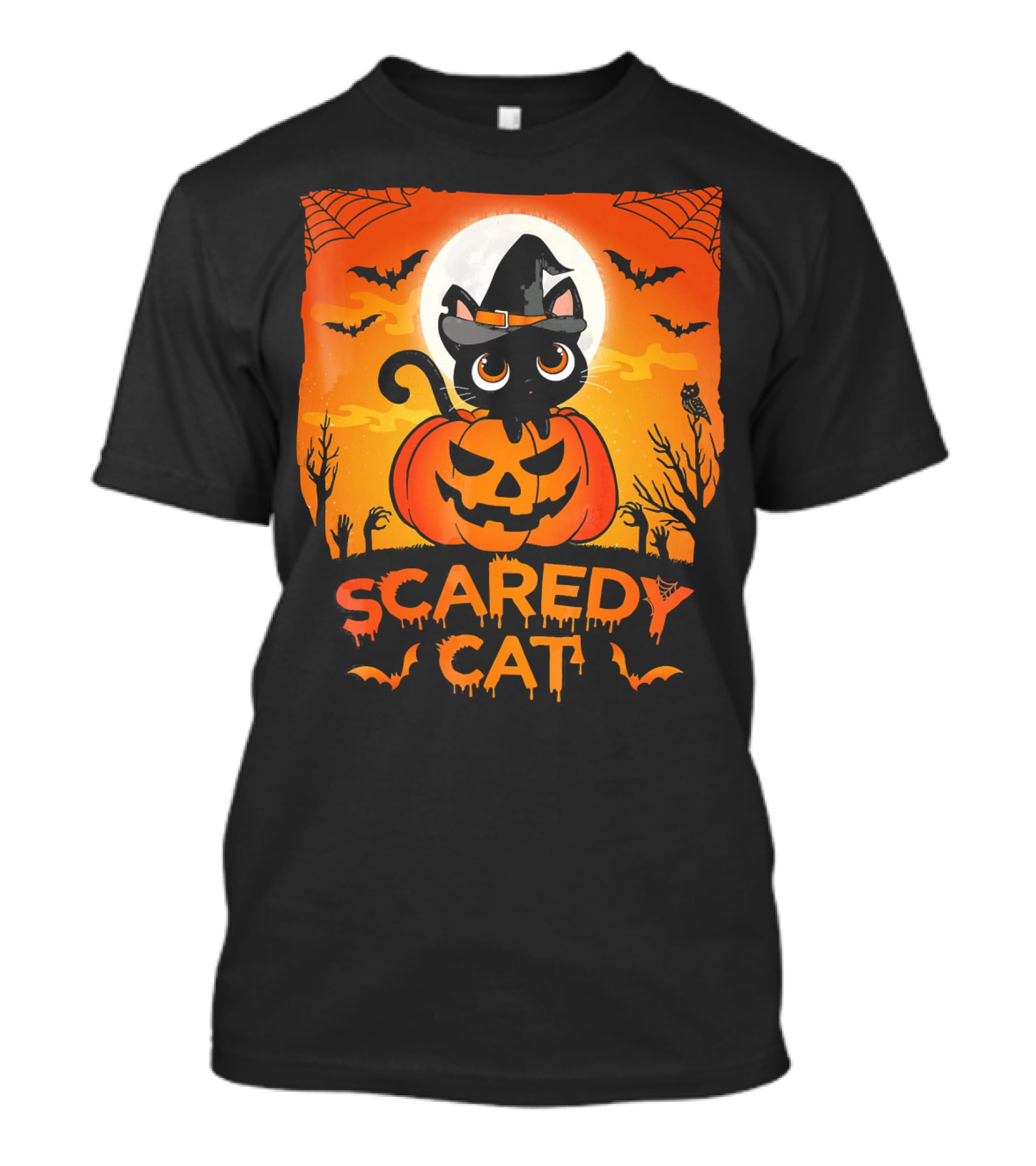 Scaredy Cat Halloween Kitten On Pumpkin With Witch Hat And Bats T-Shirt