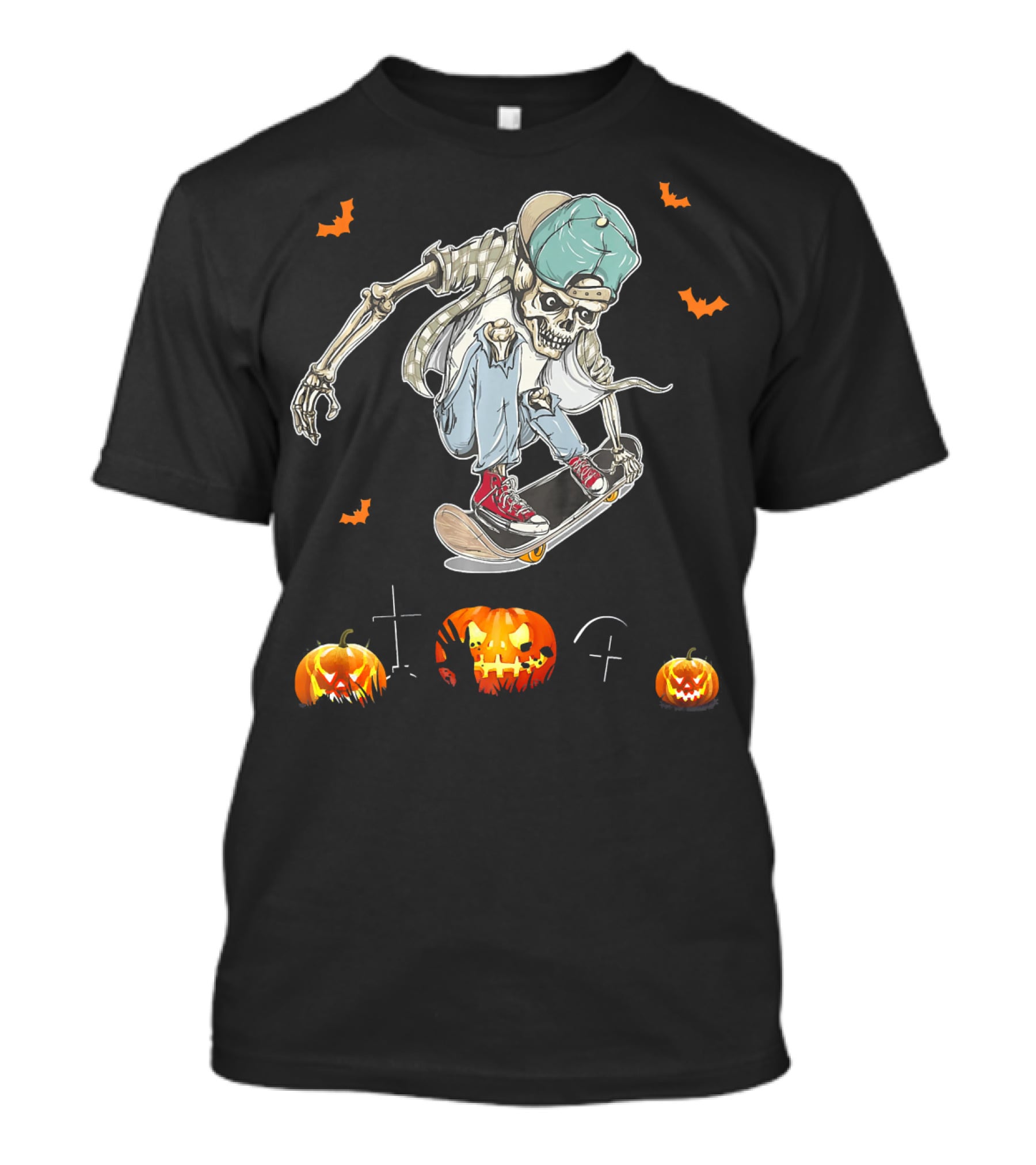 Zombie Skateboarding Teen Halloween Pumpkins And Bats T-Shirt