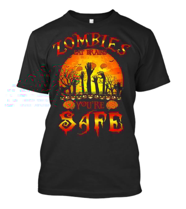 Zombies Eat Brains You're Safe Halloween Rising Hands And Brains Silhouette Sunset T-Shirt