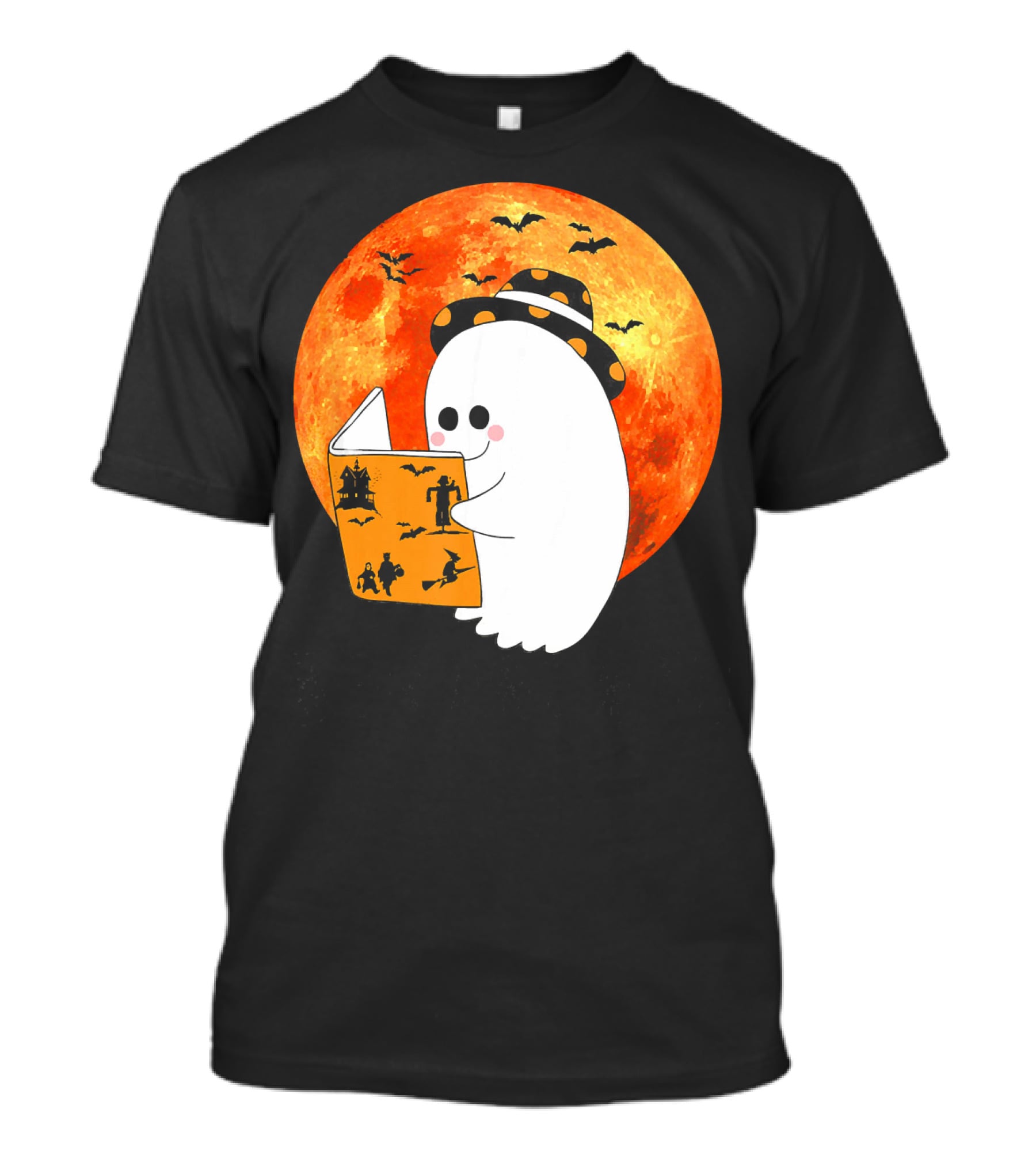 Halloween Ghost Reading Boo Books With Orange Moon And Bats T-Shirt