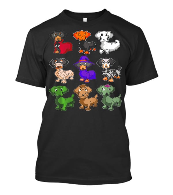Dachshund Halloween Costumes Dracula Pumpkin Ghost Mummy Witch Skeleton Zombie Frankenstein T-Shirt
