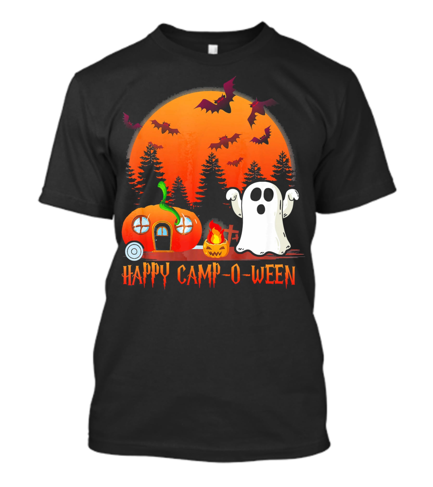 Happy Camp O Ween Funny Pumpkin Boo Ghost Moon With Bat Silhouette In Spooky Forest T-Shirt