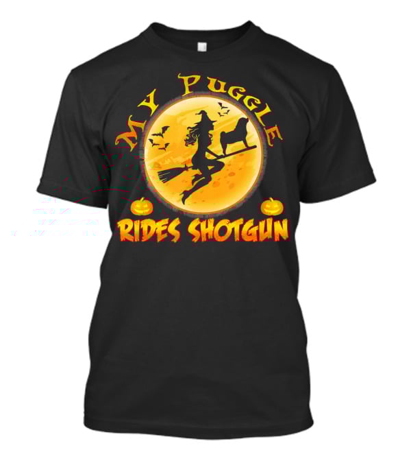 Halloween Witch And Puggle Rides Shotgun Full Moon Pumpkin T-Shirt