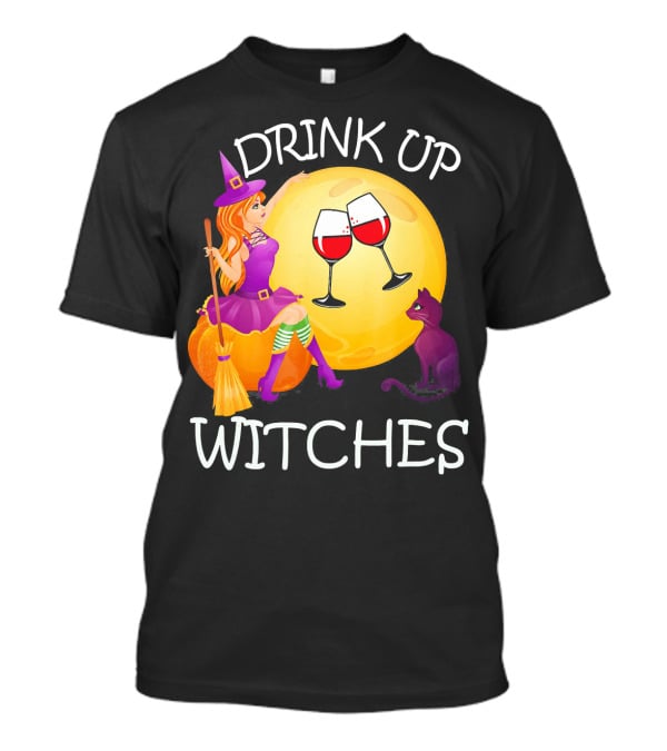 Drink Up Witches Halloween Wine Moon Cat Broomsticks T-Shirt