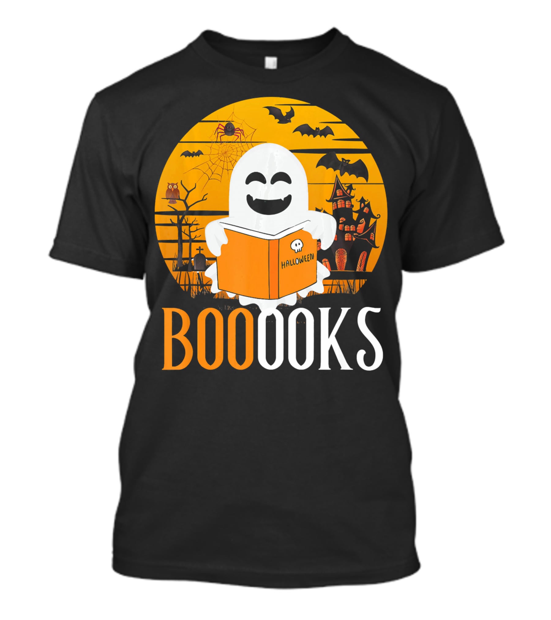 Halloween Ghost Reading Booooks In Spooky Setting With Funny Teacher T-Shirt