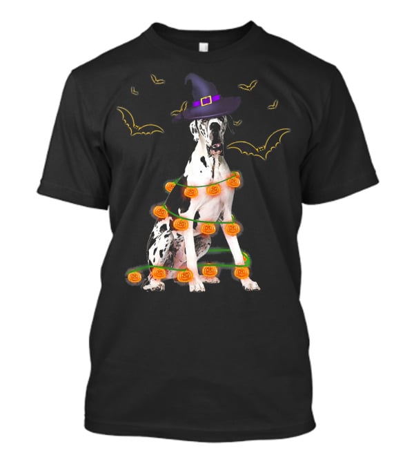 Halloween Great Dane Dog With Witch Hat And Pumpkin Lights Surrounded By Bats T-Shirt