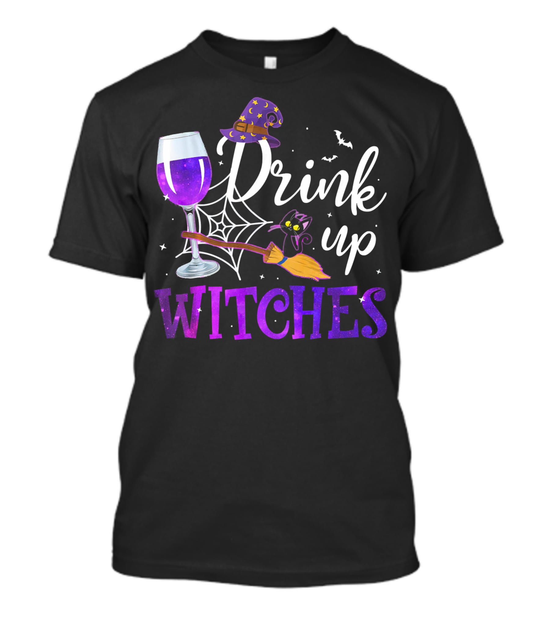 Drink Up Witches Wine Glass Purple Cat Broomstick Halloween Magic T-Shirt
