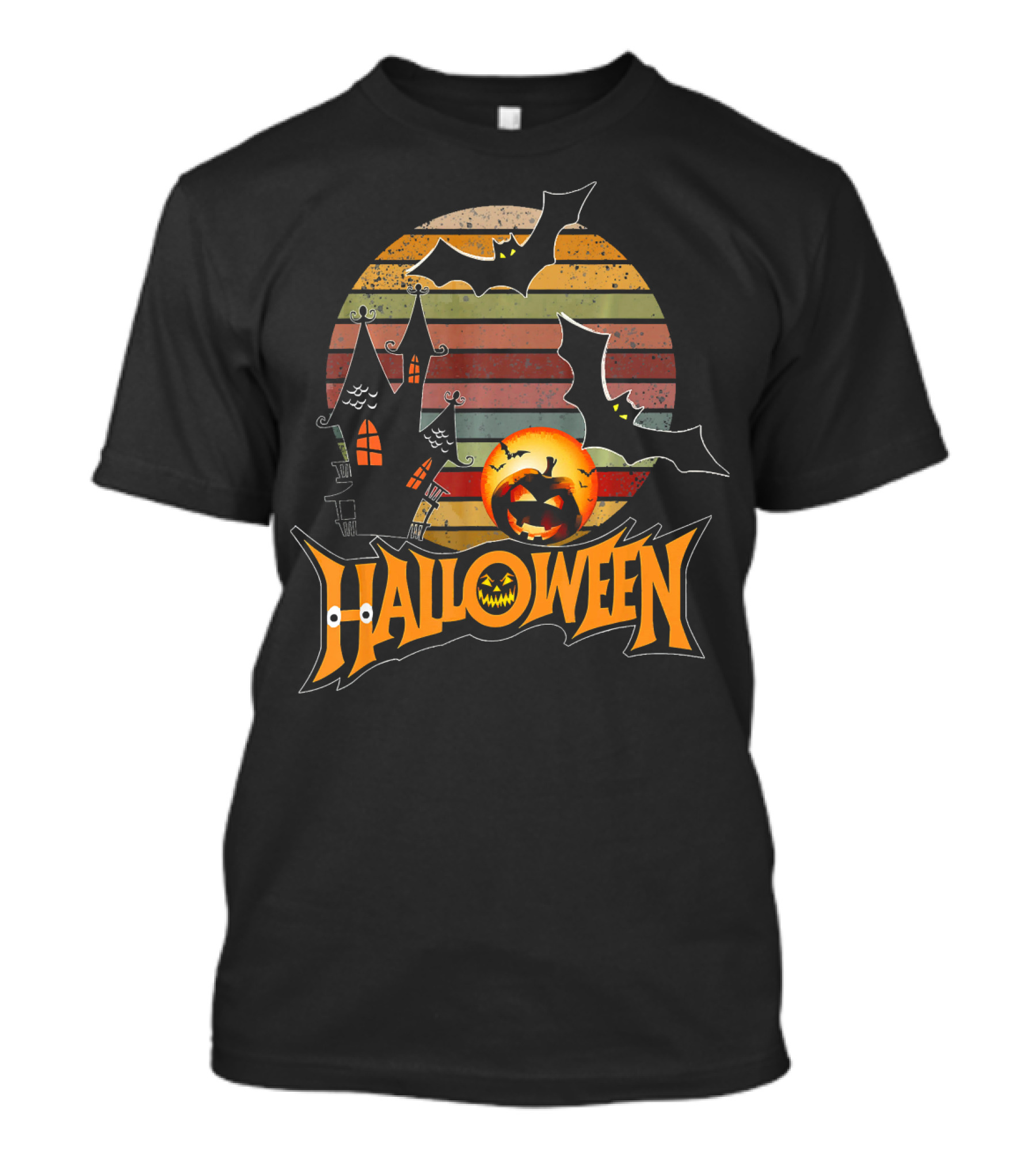 Halloween Retro Scary Trick Or Treat Haunted House Bats Pumpkin T-Shirt