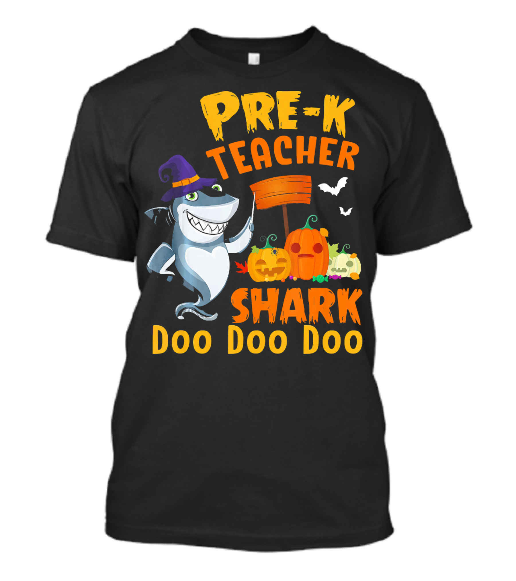 Pre-K Teacher Shark Doo Doo Doo Halloween Witch Pumpkins Bats T-Shirt