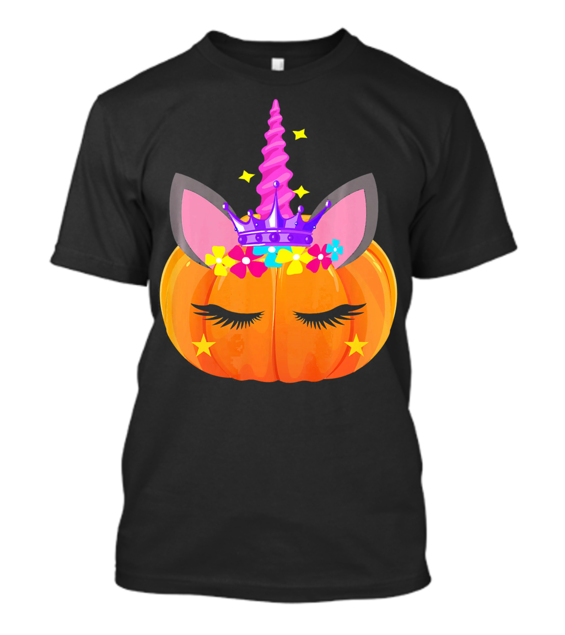 Halloween Pumpkin Unicorn With Floral Crown And Stars T-Shirt