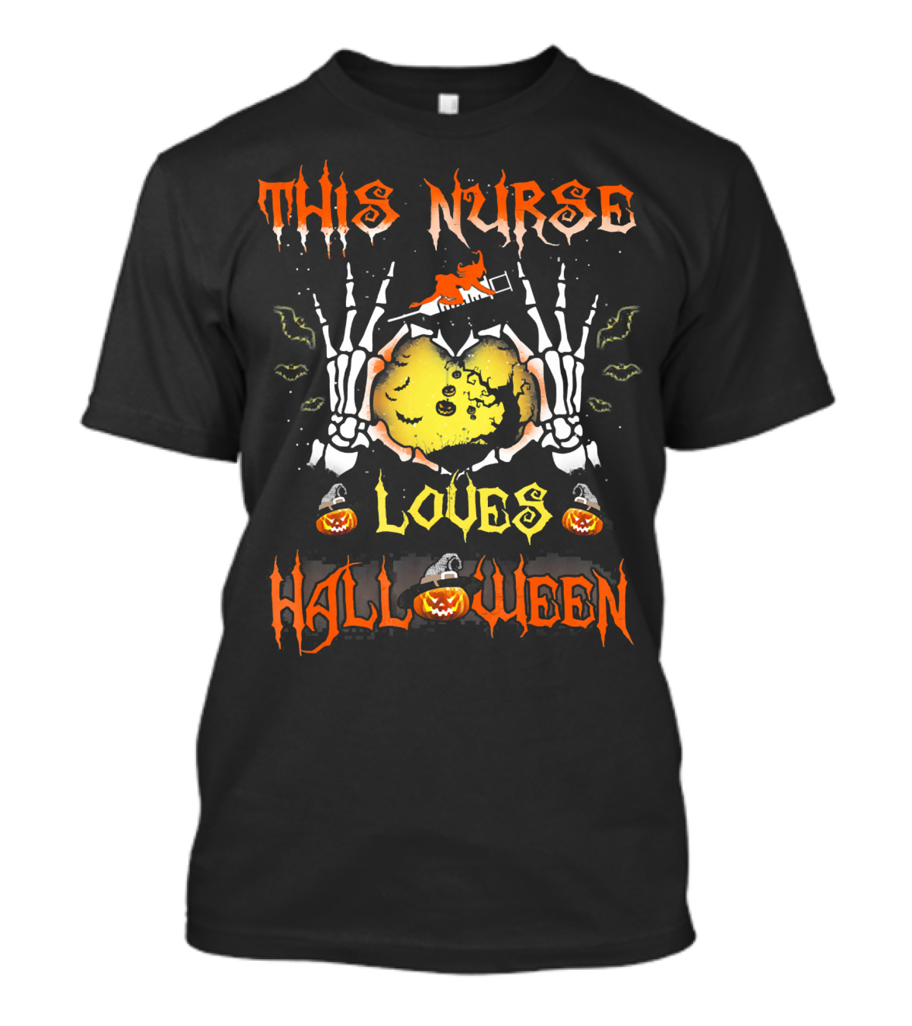 This Nurse Loves Halloween Pumpkin Skeleton Hands T-Shirt