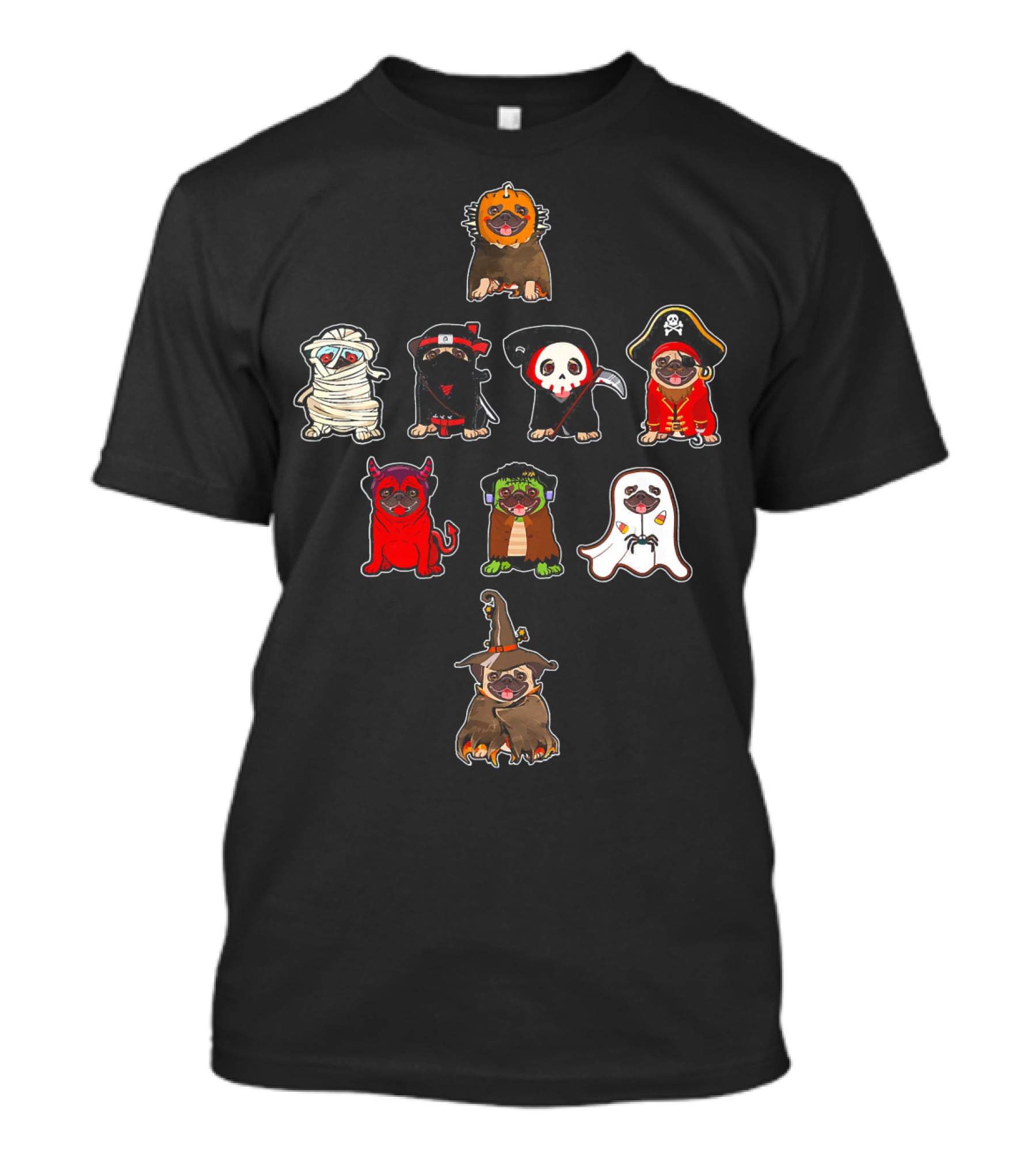 Pug Halloween Costume Lion Mummy Ninja Grim Reaper Pirate Devil Frankenstein Ghost Witch T-Shirt