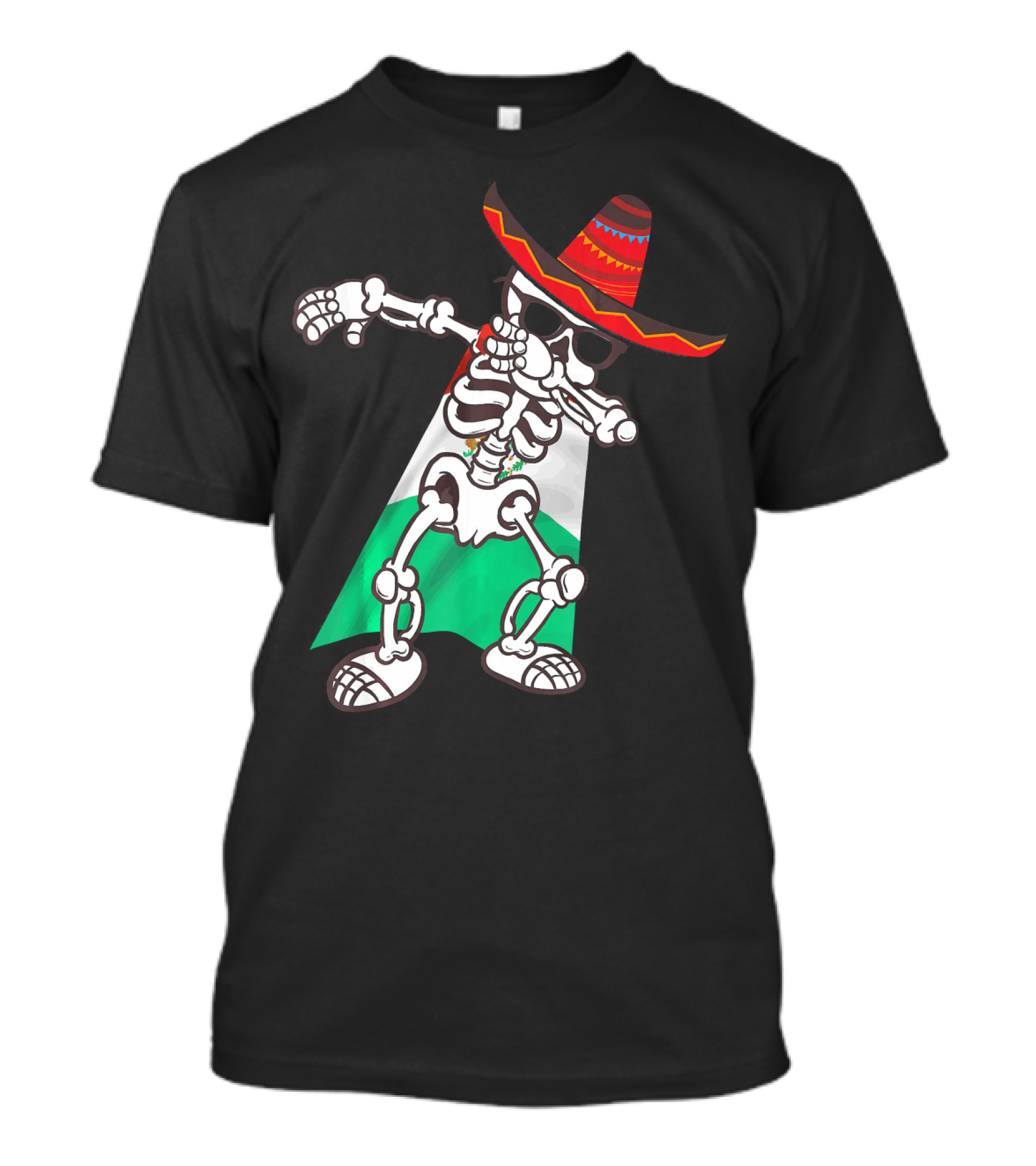 Cinco De Mayo Skeleton Dabbing With Sombrero And Mexican Flag Cape T-Shirt