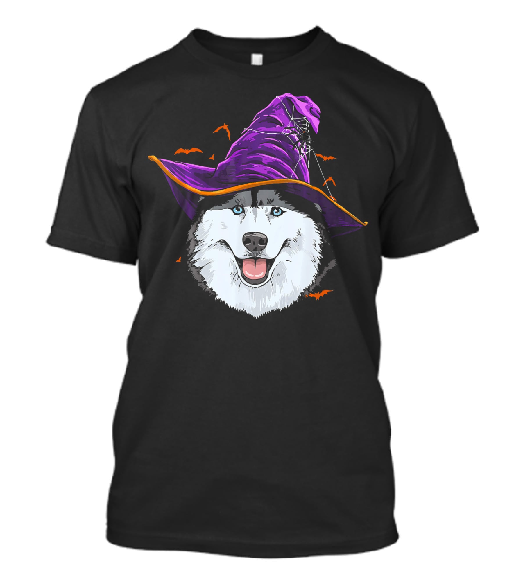 Siberian Husky Purple Witch Hat With Bats And Cobwebs T-Shirt