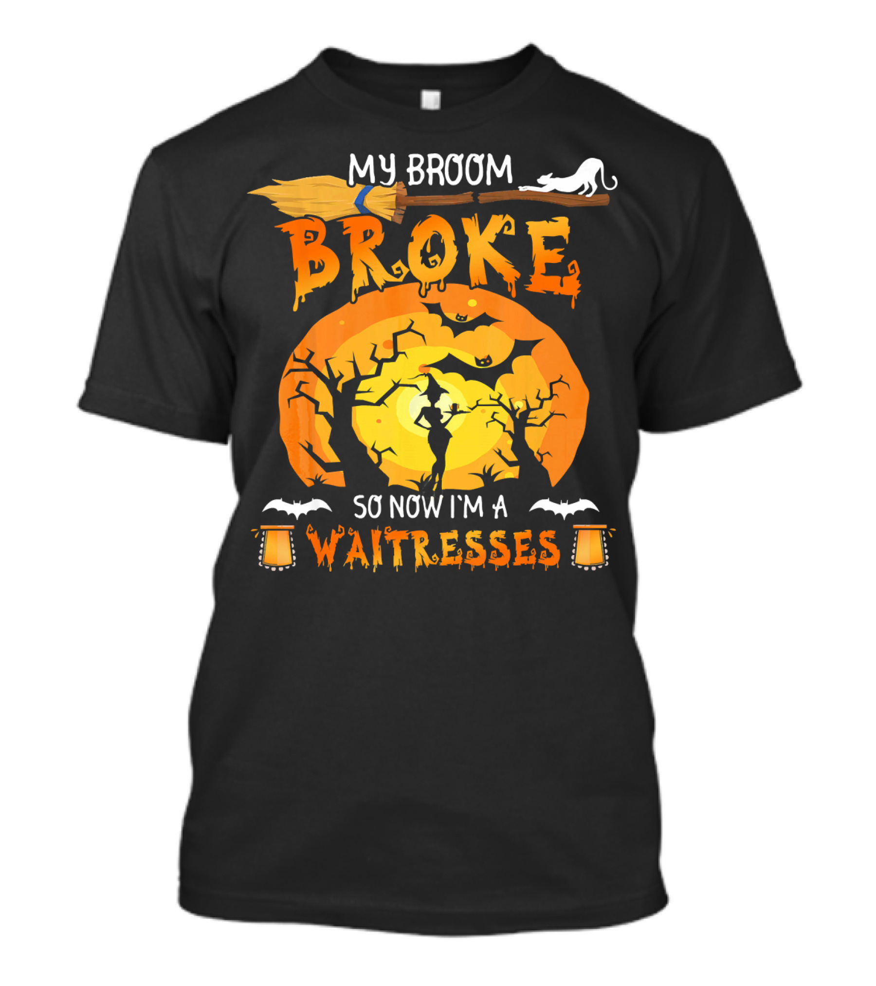 My Broom Broke So Now I'm A Waitresses Halloween Witch Moon Cat Lanterns T-Shirt
