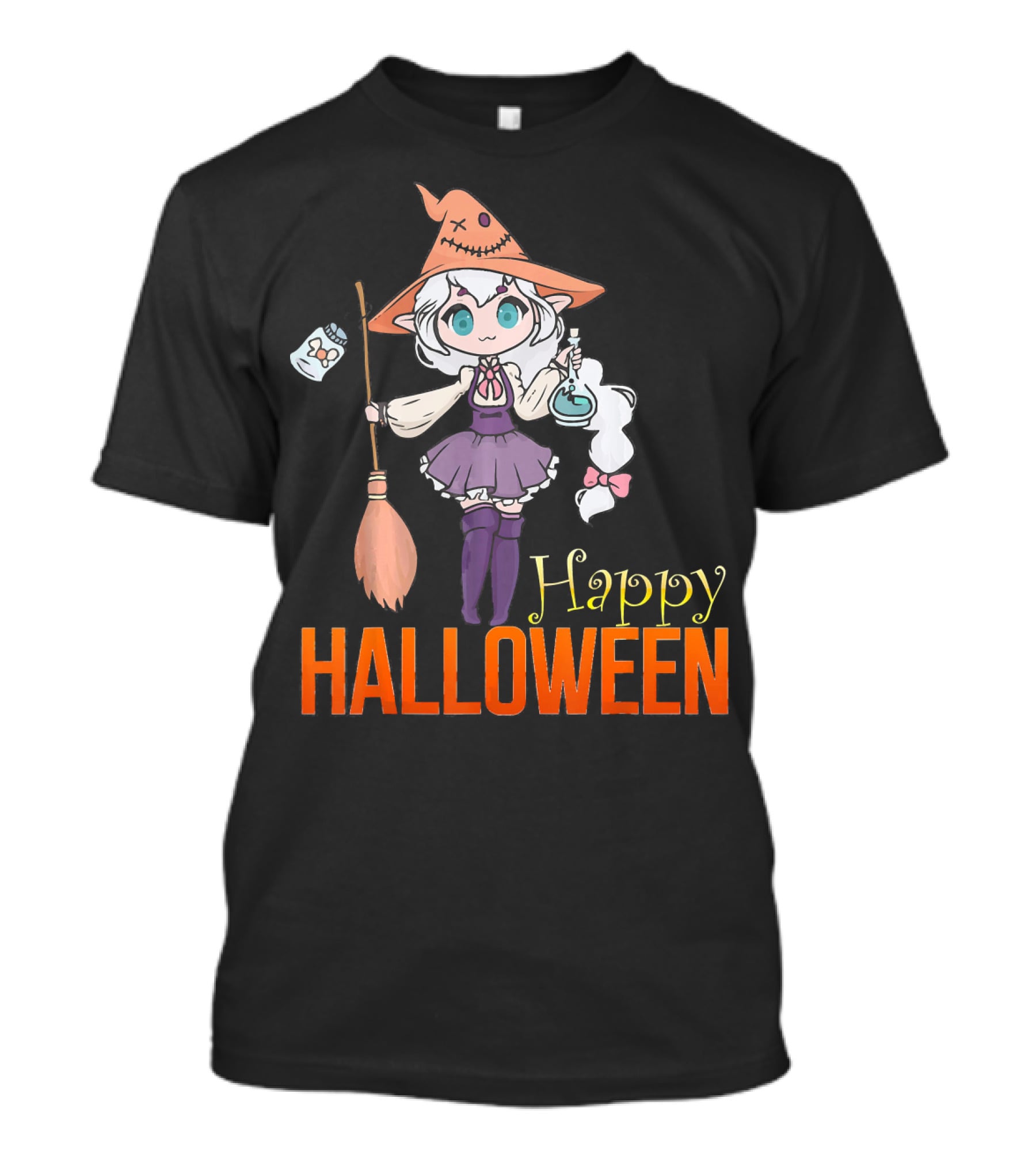 Happy Halloween Witch Anime Girl Cute Magic Potions And Broom T-Shirt