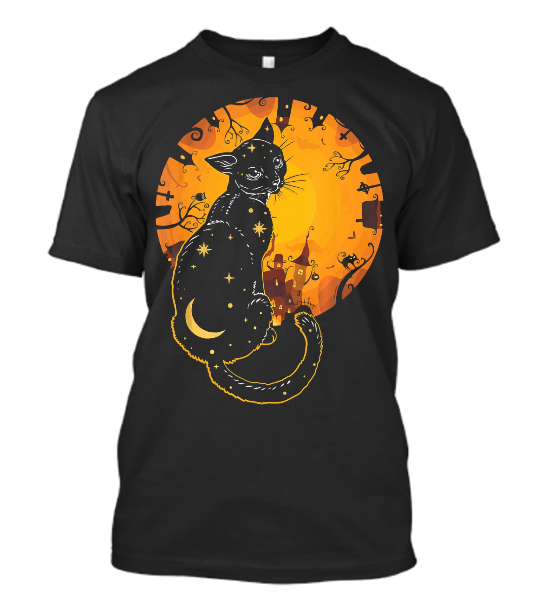 Halloween Black Cat With Stars And Moon In Haunted Landscape T-Shirt
