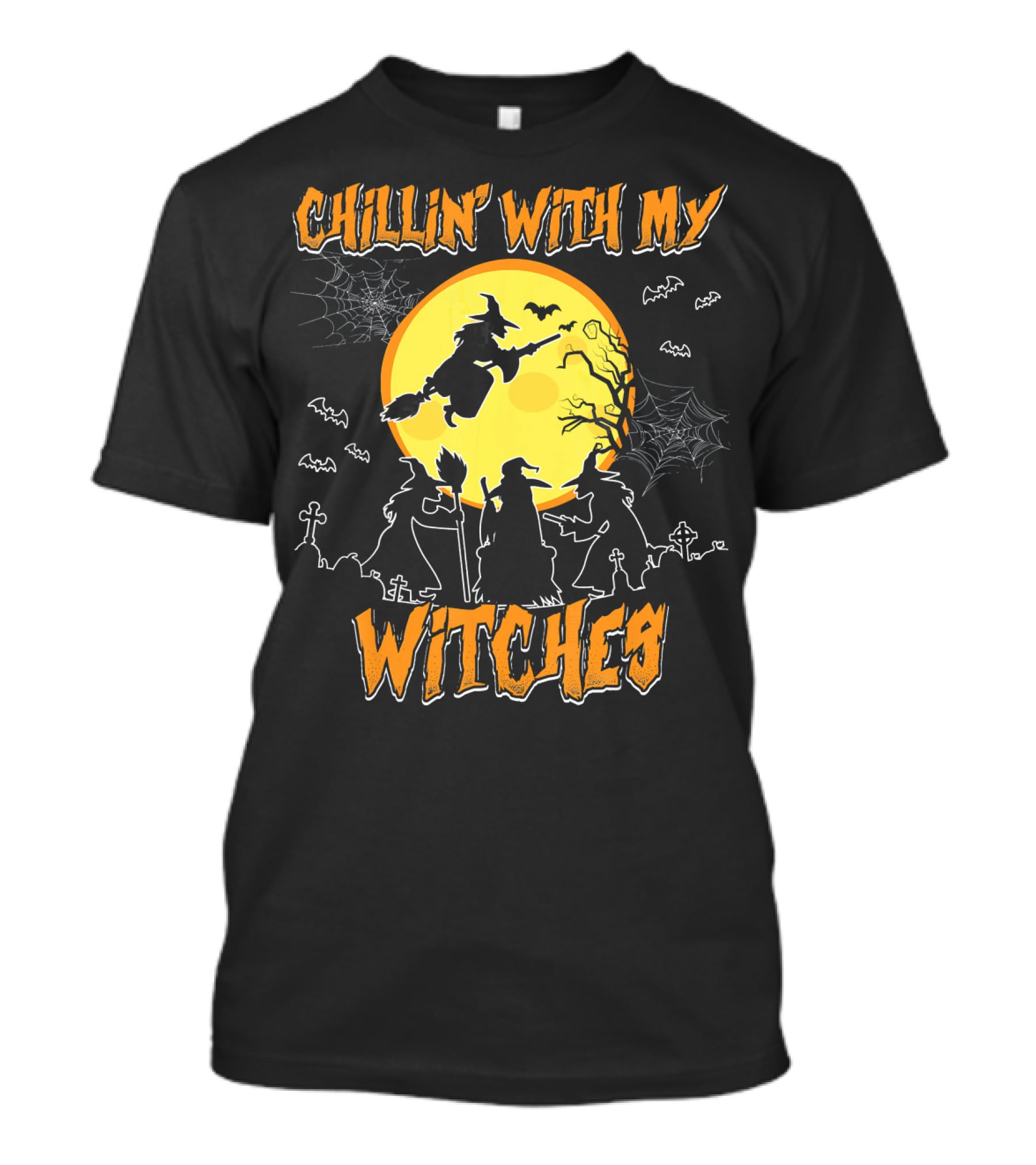 Chillin With My Witches Full Moon Spooky Bats And Webs Scene T-Shirt