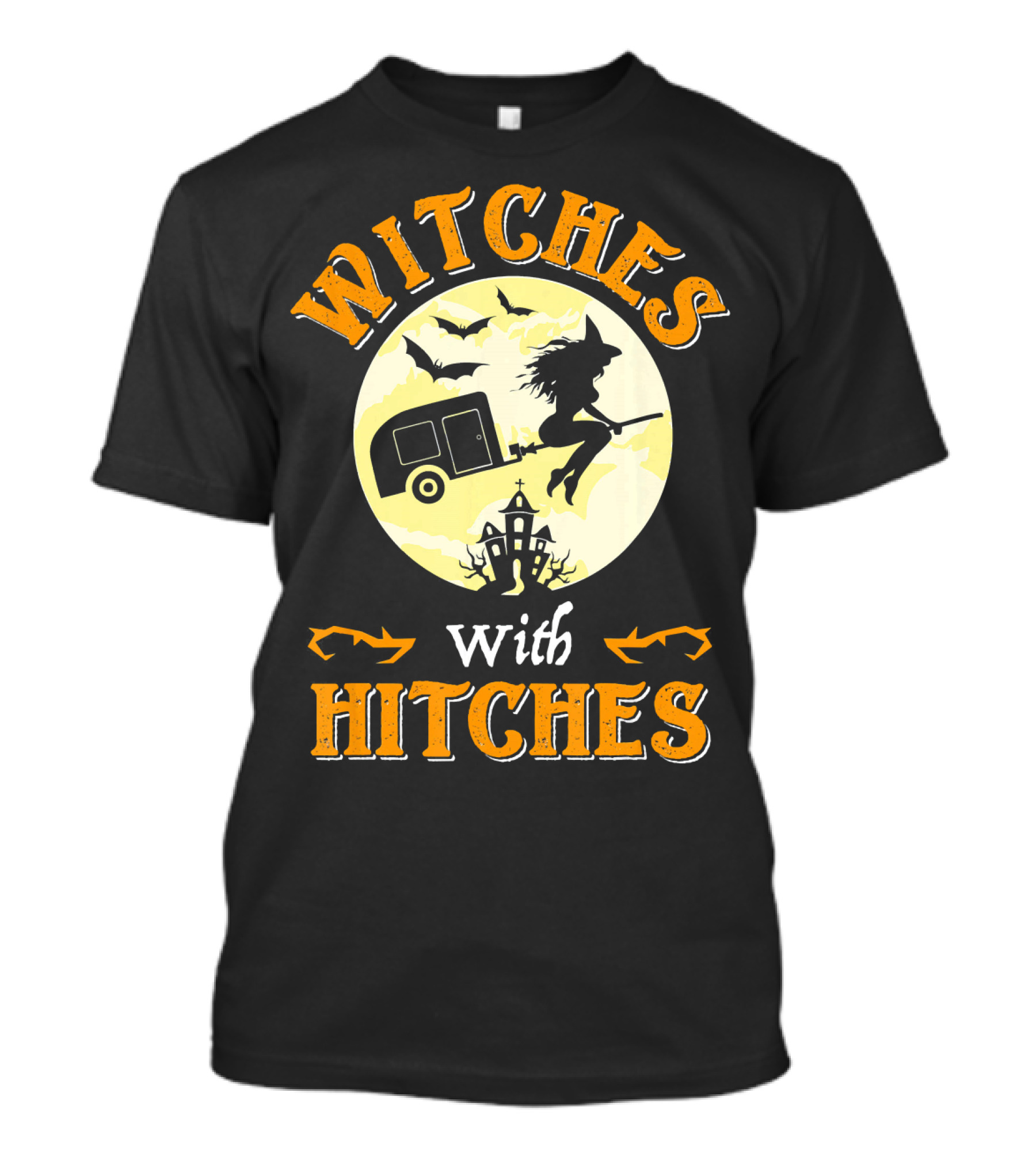 Witches With Hitches Halloween Camper Moon Bats And Witch Hat Broomstick T-Shirt