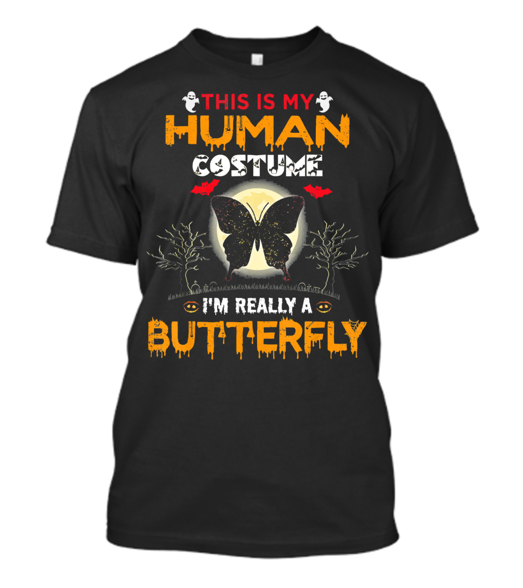 This Is My Human Costume I'm Really A Butterfly Halloween Ghosts Bats Moon Trees T-Shirt