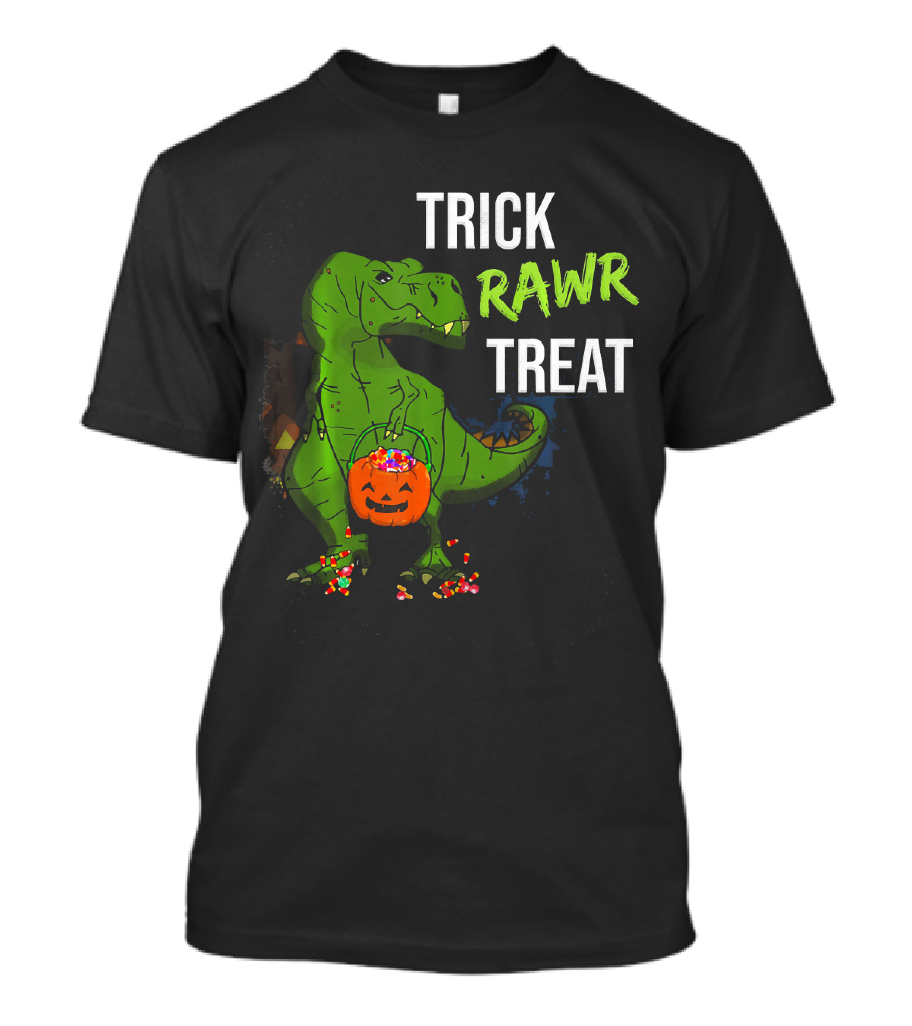 Trick Rawr Treat Halloween Rex Dinosaur With Candy And Pumpkin T-Shirt