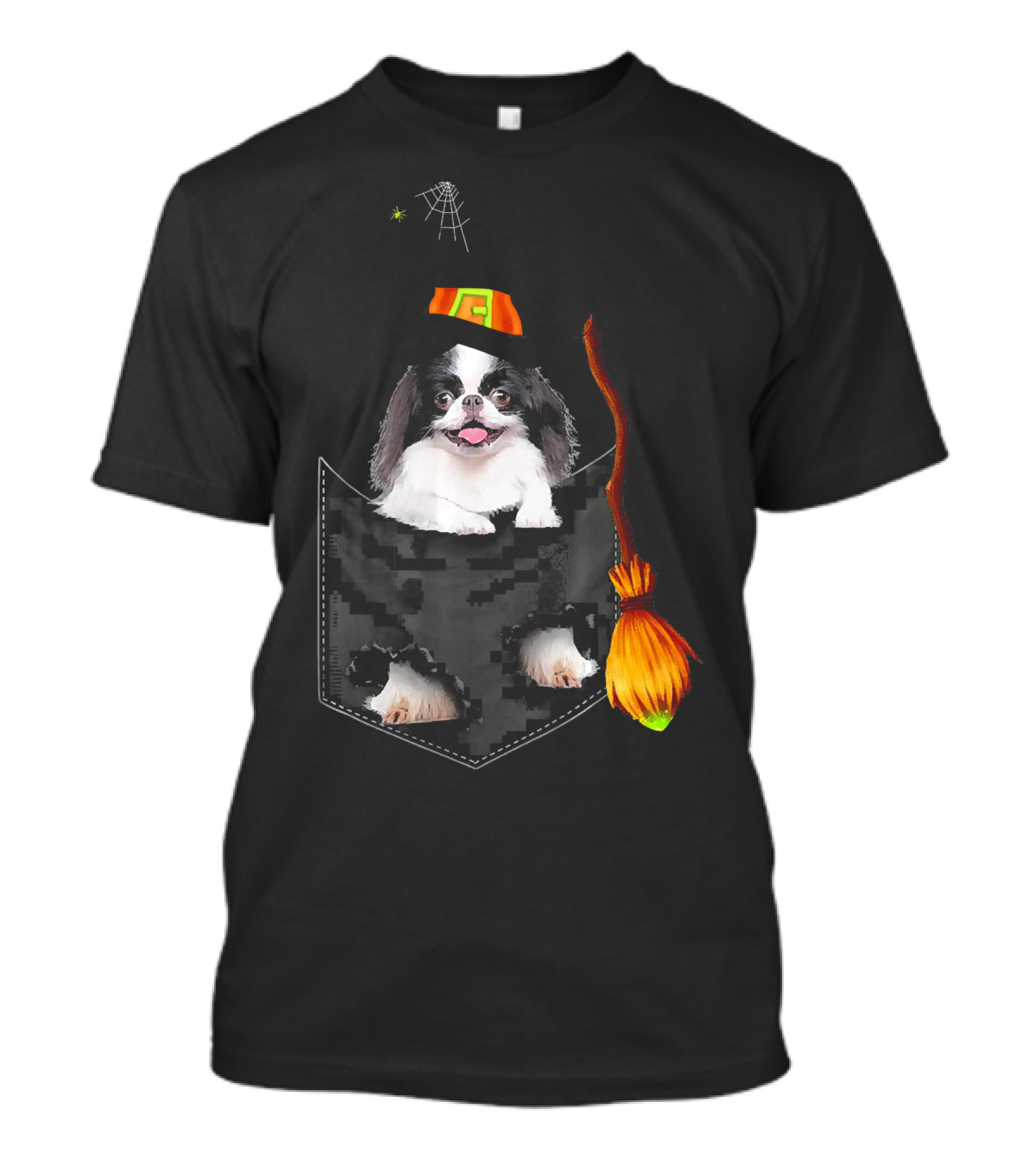 Japanese Chin Halloween Witch Hat Broom Pocket T-Shirt