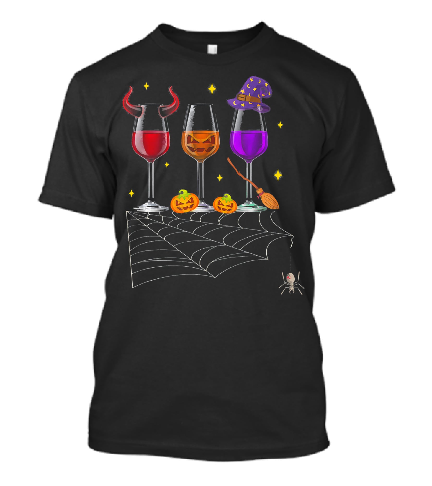 Halloween Wine Glasses Devil Witch Pumpkin Decor With Spider And Web T-Shirt