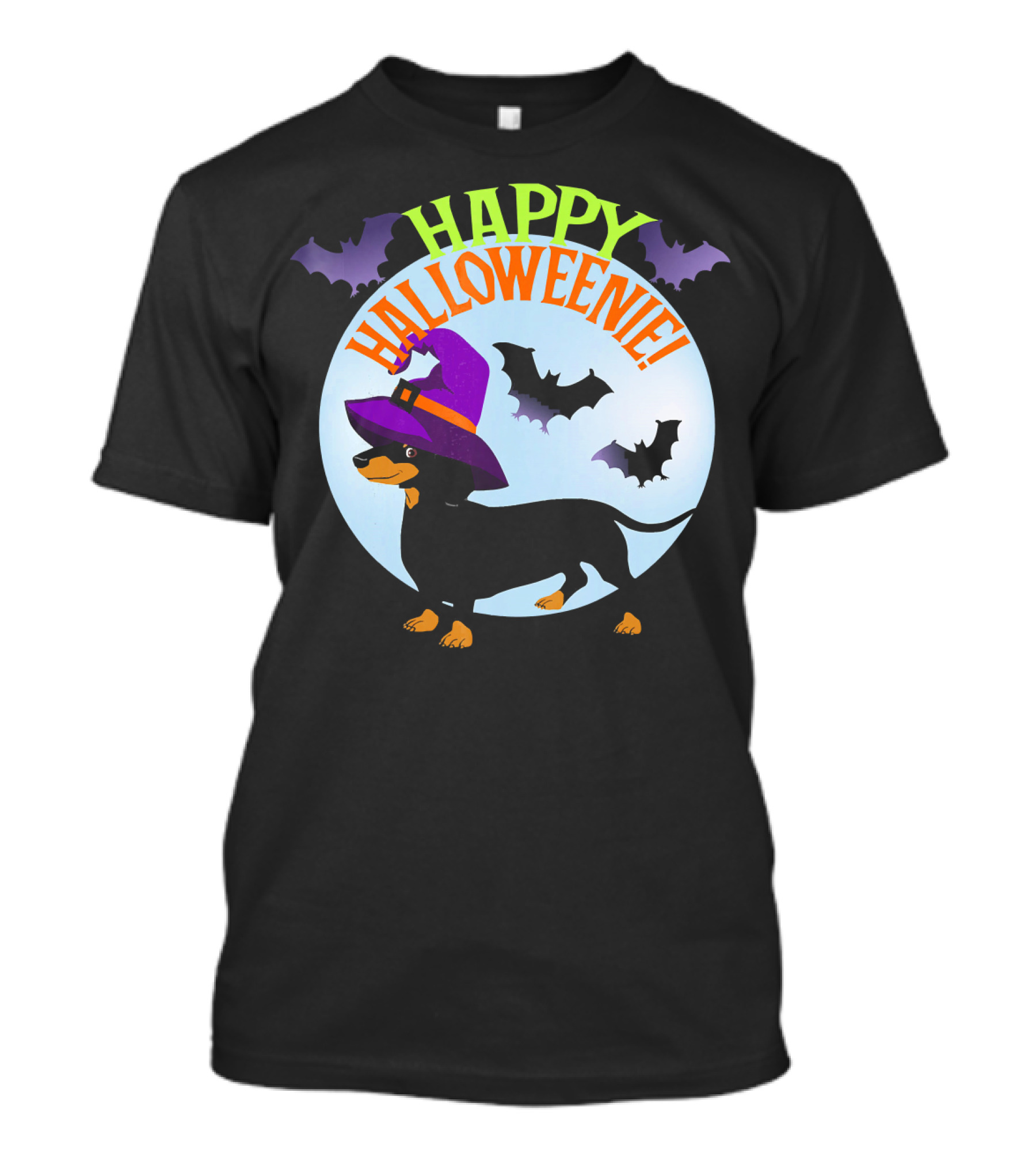 Happy Halloweenie Dachshund Wiener Dog Witch Hat Bats T-Shirt