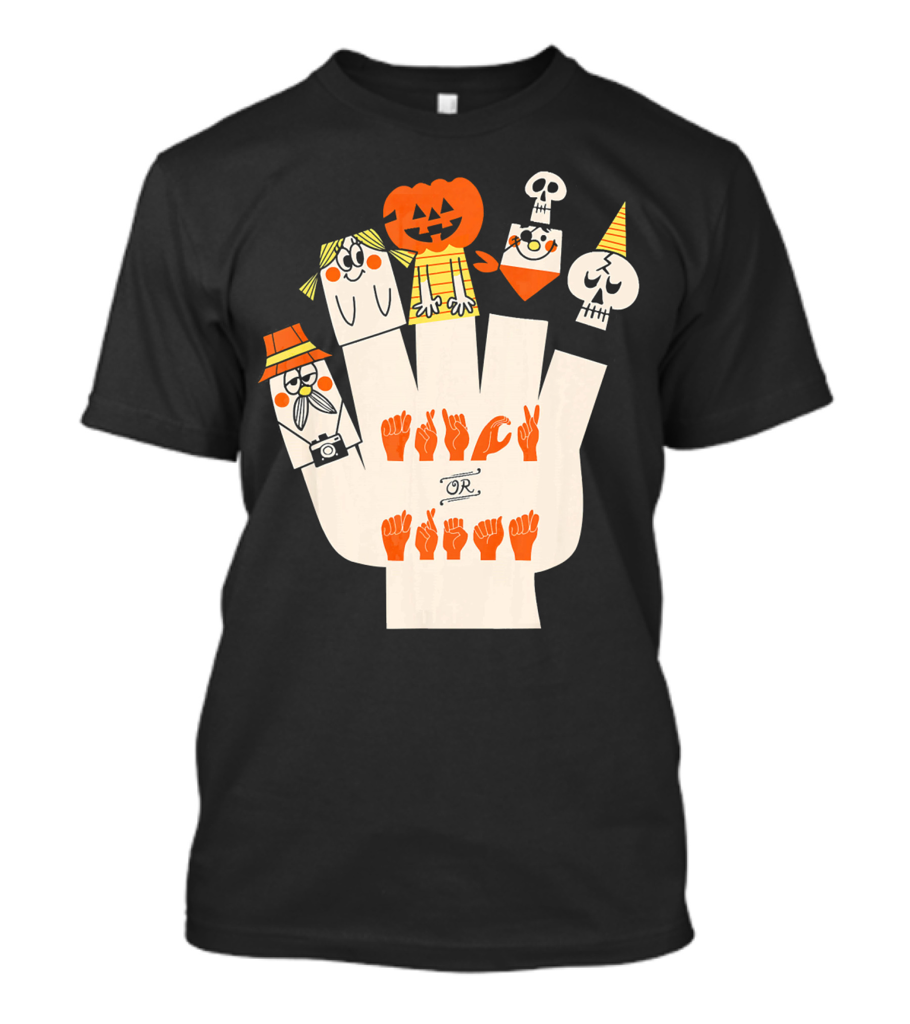 Trick Or Treat ASL Halloween Hand Signs With Pumpkin And Ghost Characters T-Shirt