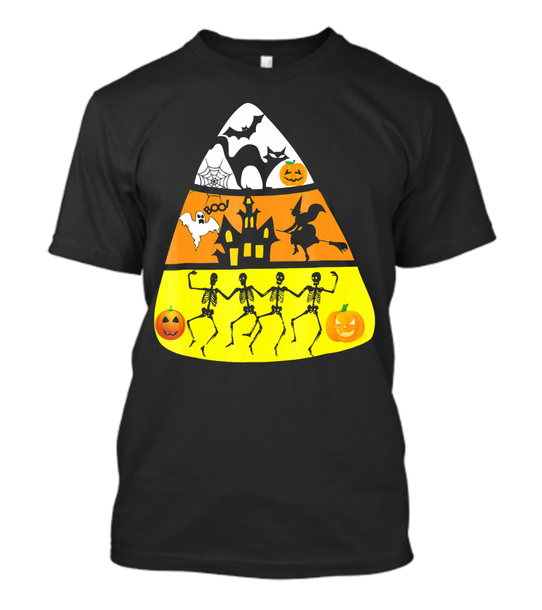 Candy Corn Halloween Scene Witch Skeletons Pumpkins Ghost Bats Haunted House Boo T-Shirt