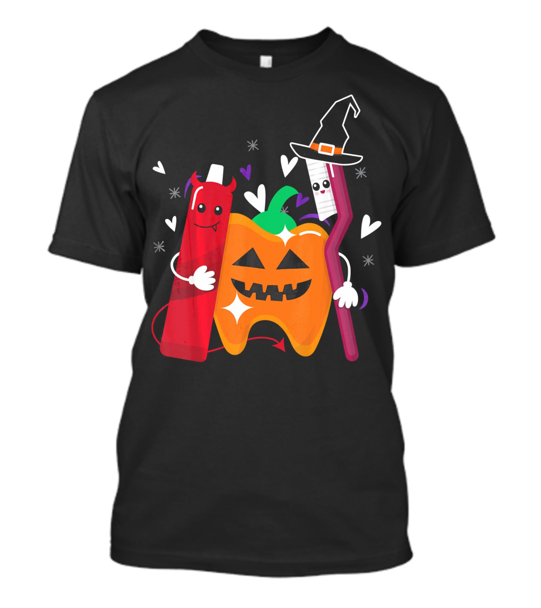 Happy Halloween Costume Toothbrush Tooth With Pumpkin And Toothpaste Characters T-Shirt