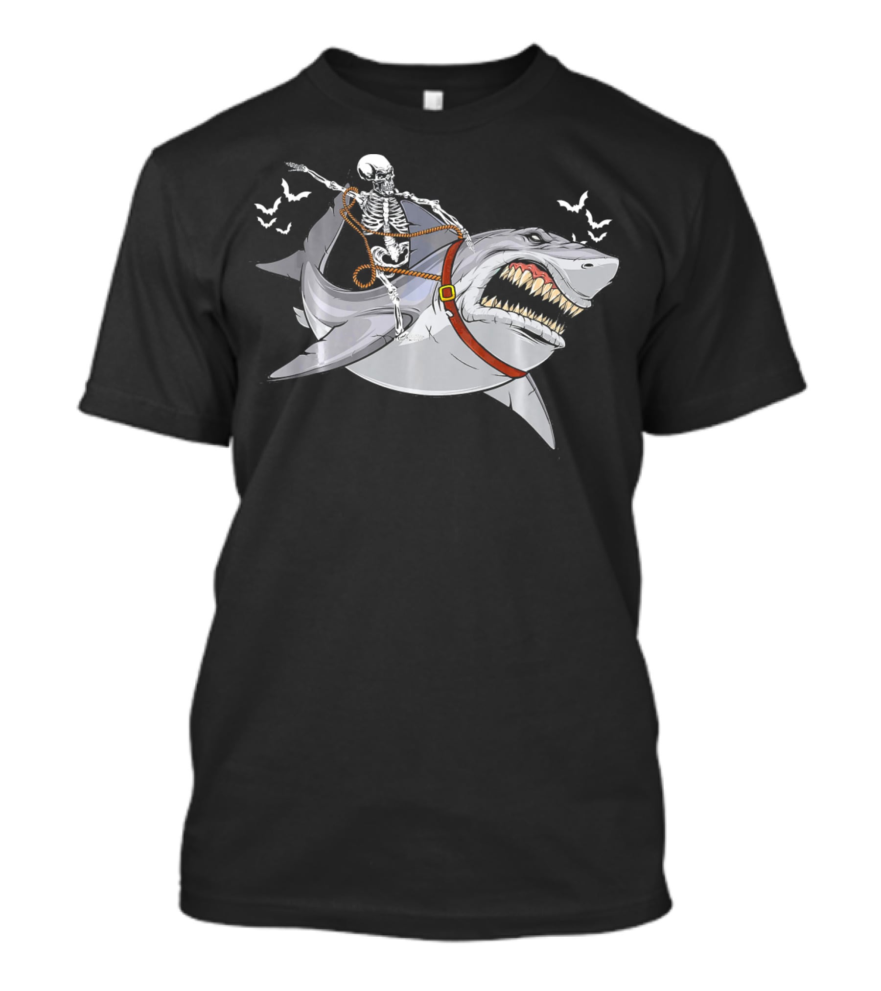 Skeleton Cowboy Riding Giant Shark With Bats T-Shirt