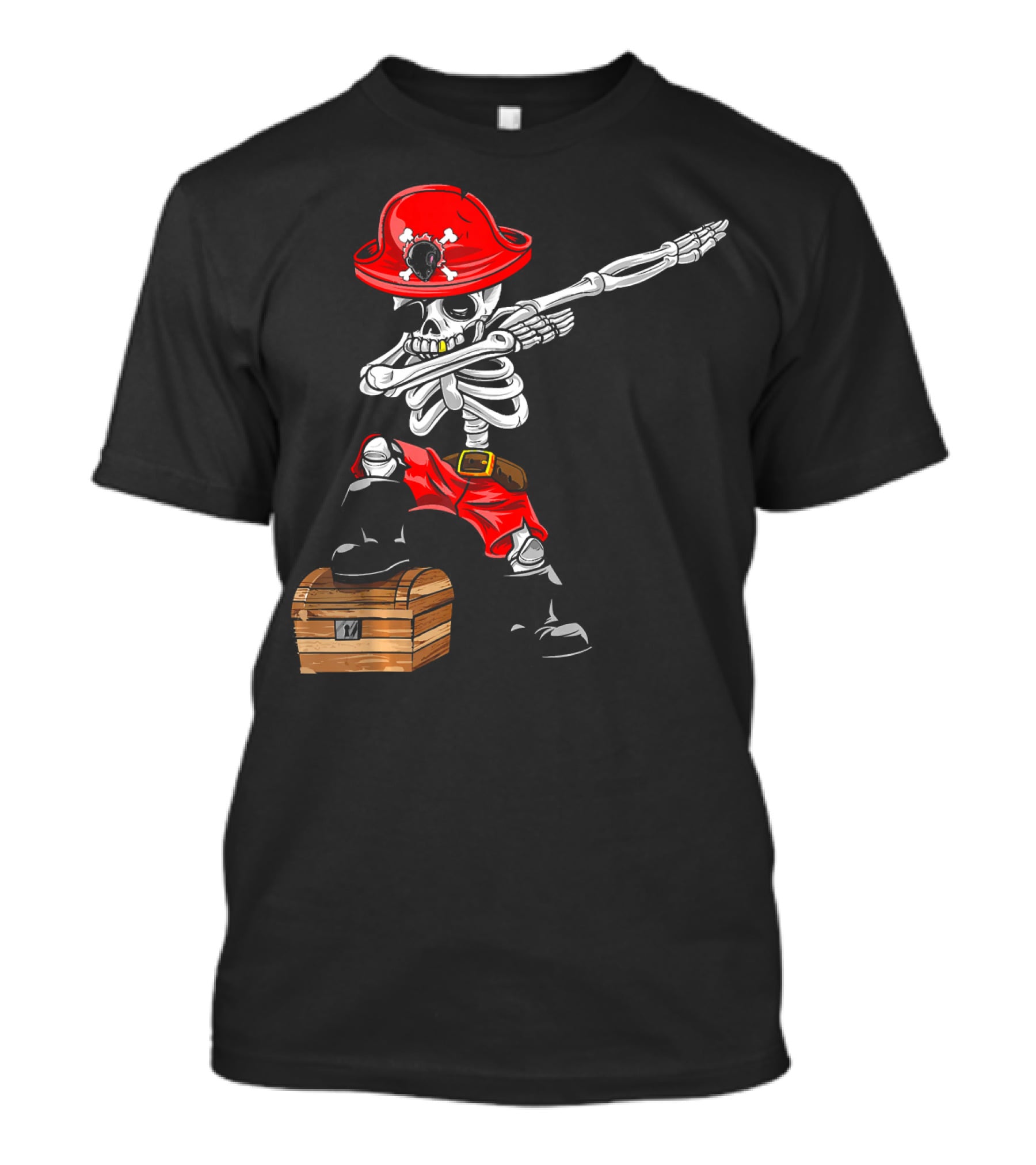 Dabbing Skeleton Pirate With Red Hat And Treasure Chest T-Shirt