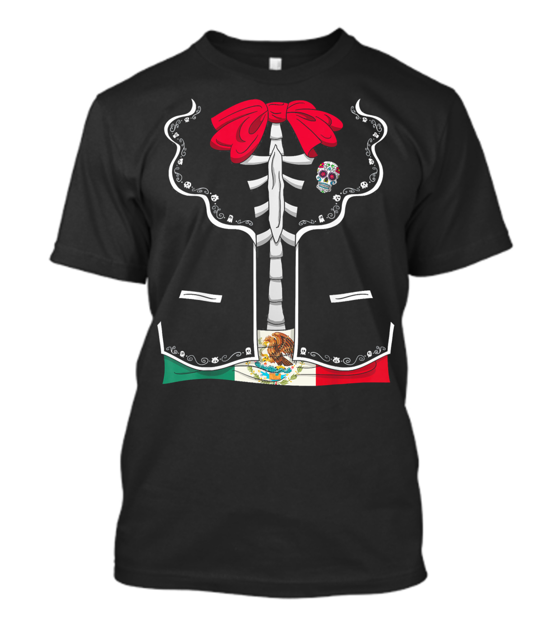 Day Of The Dead Dia De Los Muertos Mexican Skeleton Costume México Flag Sugar Skull Bow T-Shirt