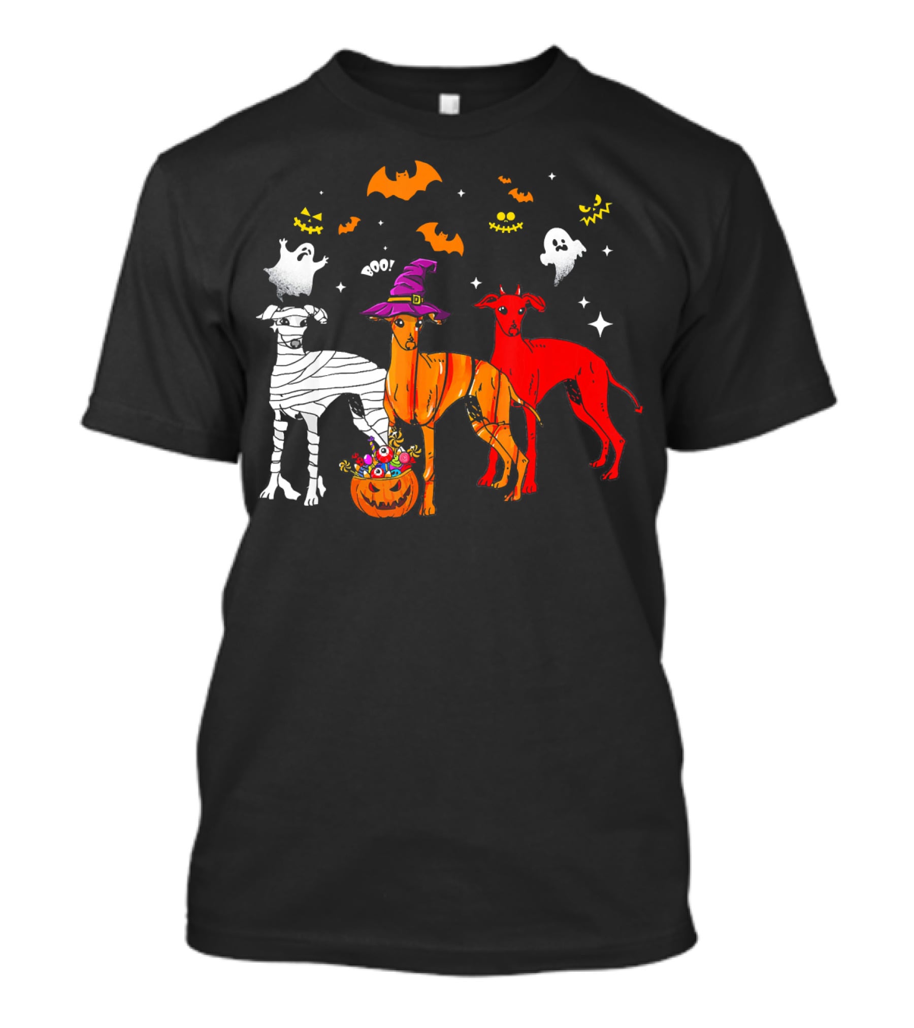 Halloween Italian Greyhound Dogs In Witch, Mummy, And Pumpkin Costumes With Ghosts And Bats T-Shirt