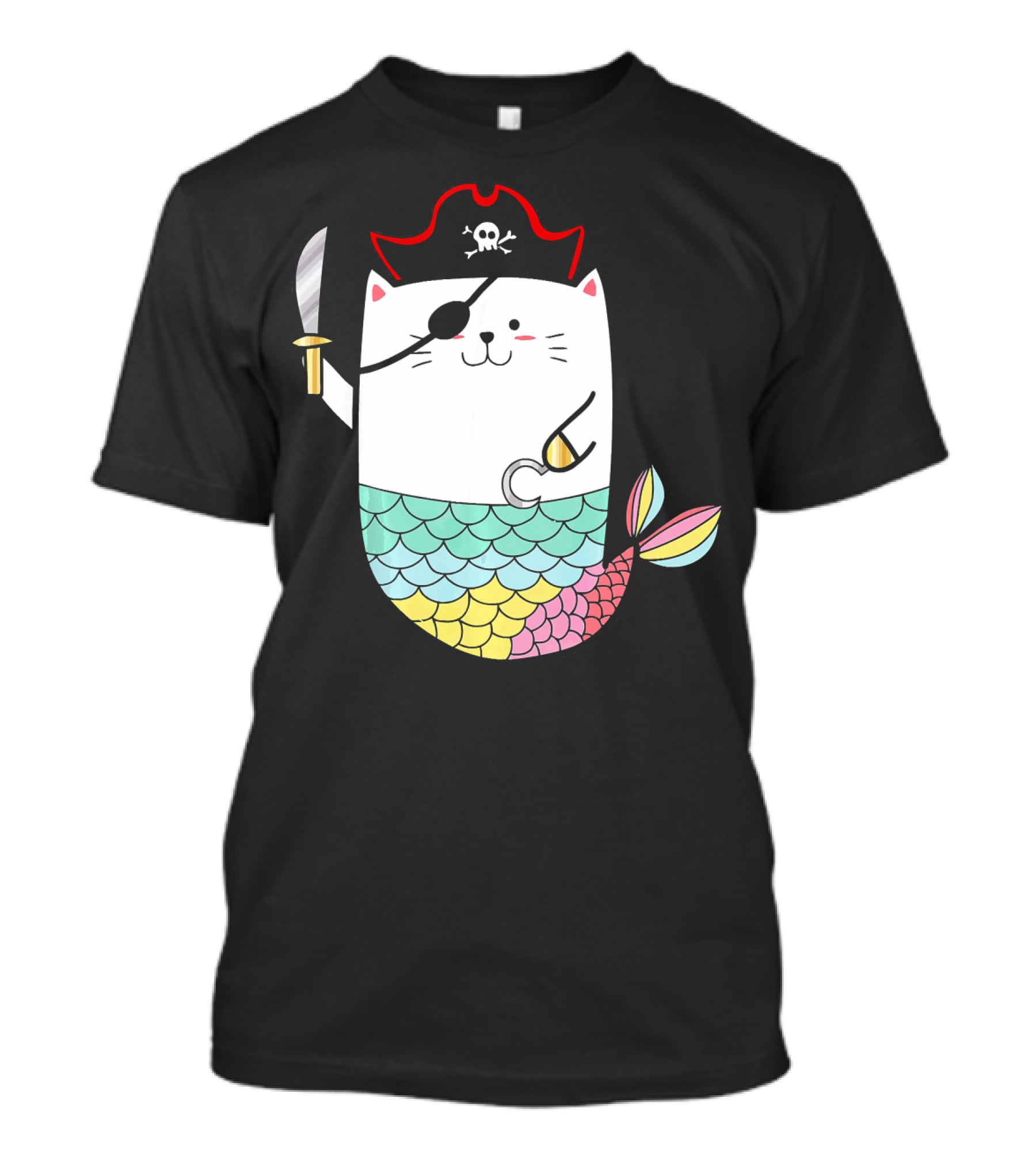 Halloween Mermaid Pirate Cat With Eye Patch And Sword T-Shirt