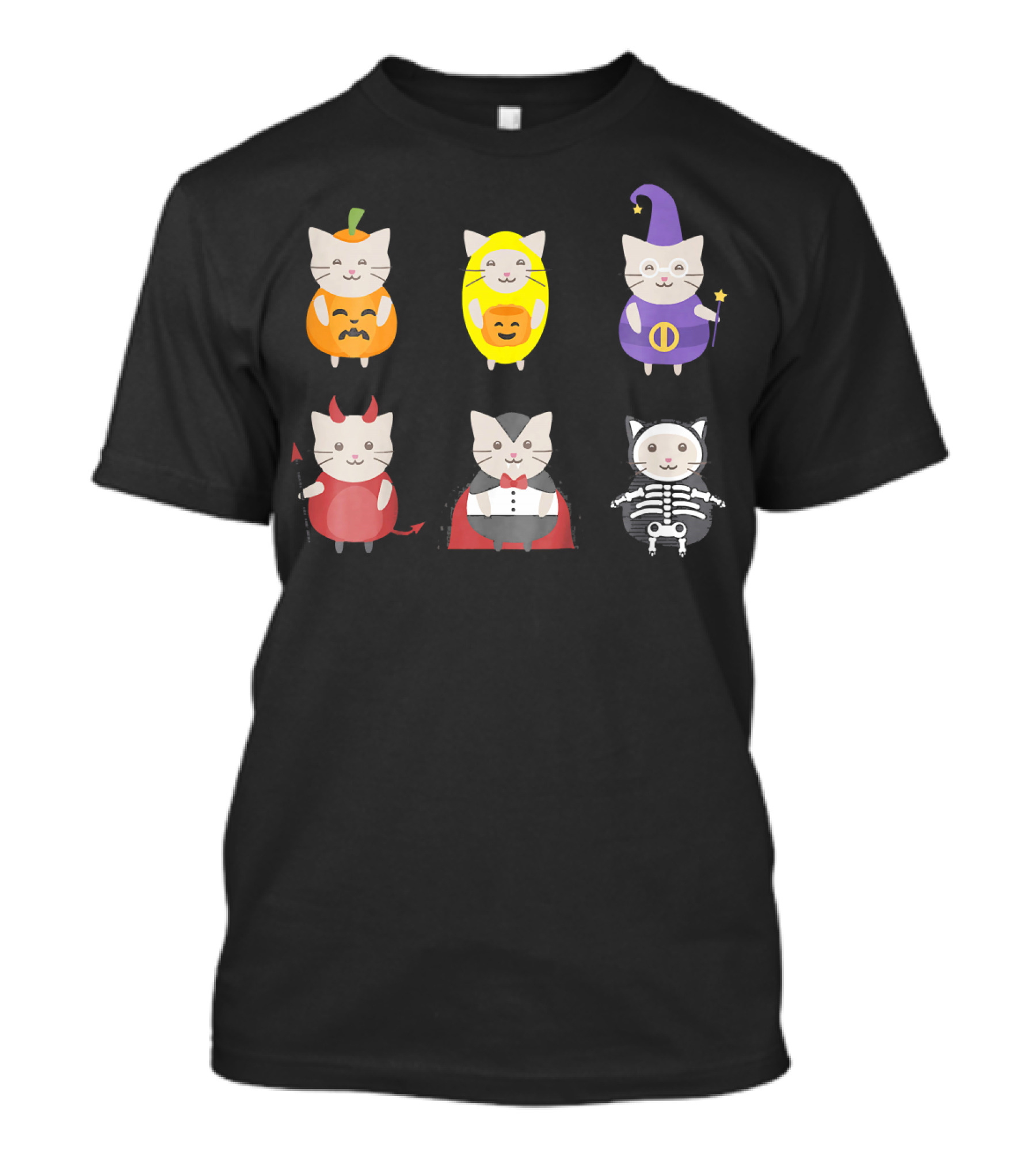 Kids Halloween Cats In Cute Pumpkin Witch And Vampire Costumes T-Shirt