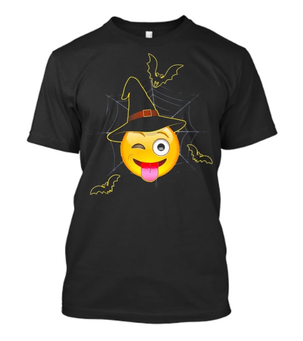Funny Halloween Witch Emoji Winking Face With Bats And Spider Web T-Shirt