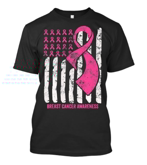 Breast Cancer Awareness Distress Pink Ribbon American Flag T-Shirt