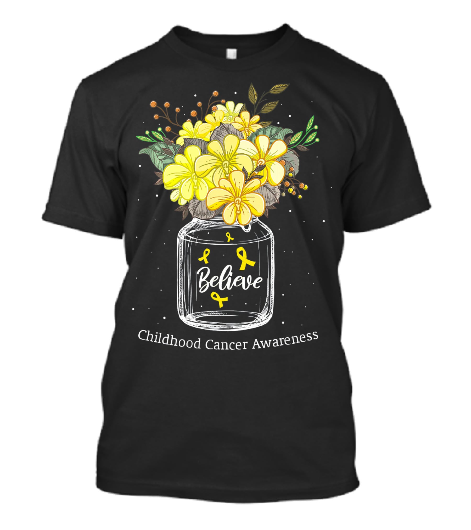Believe Yellow Ribbon Childhood Cancer Awareness Flower Bouquet T-Shirt