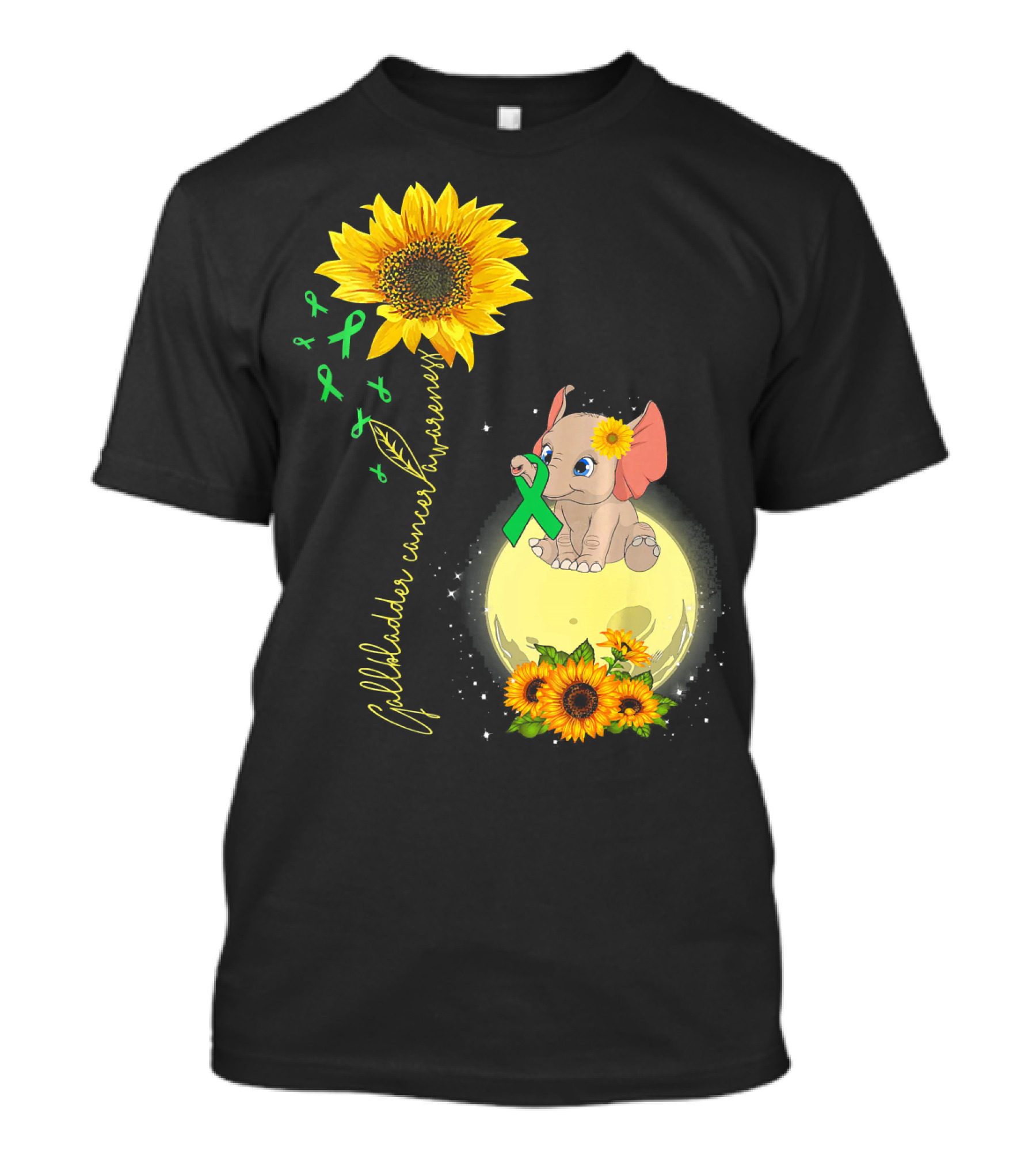Gallbladder Cancer Awareness Elephant With Sunflowers And Green T-Shirt