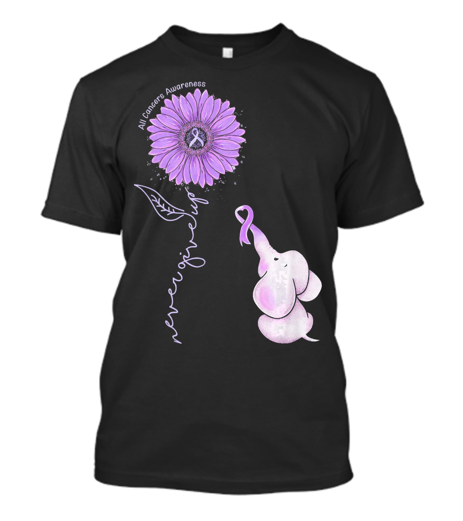 Never Giving Up All Cancers Awareness Sunflower Elephant T-Shirt
