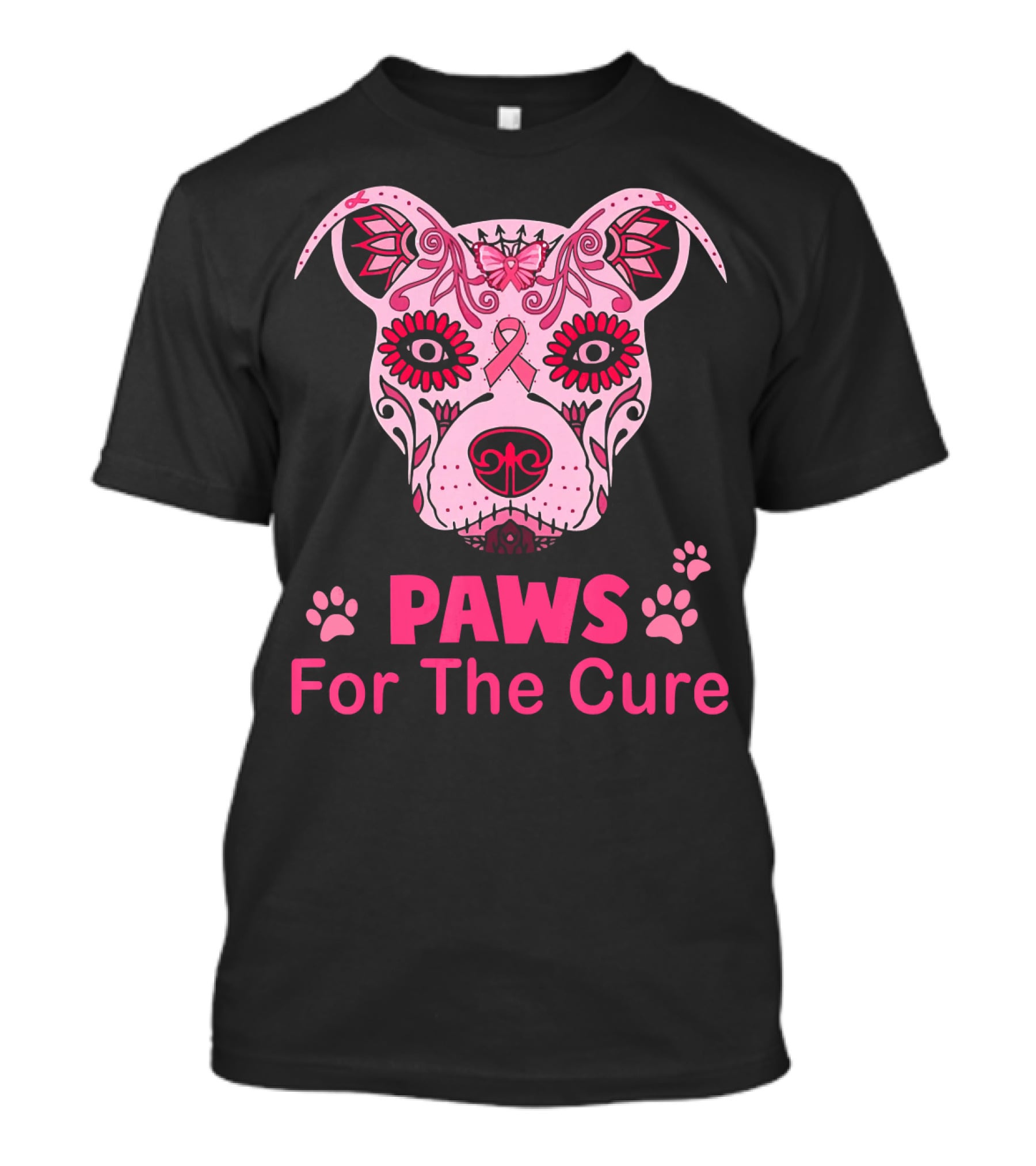 Paws For The Cure Breast Cancer Awareness Pitbull Sugar Skull T-Shirt