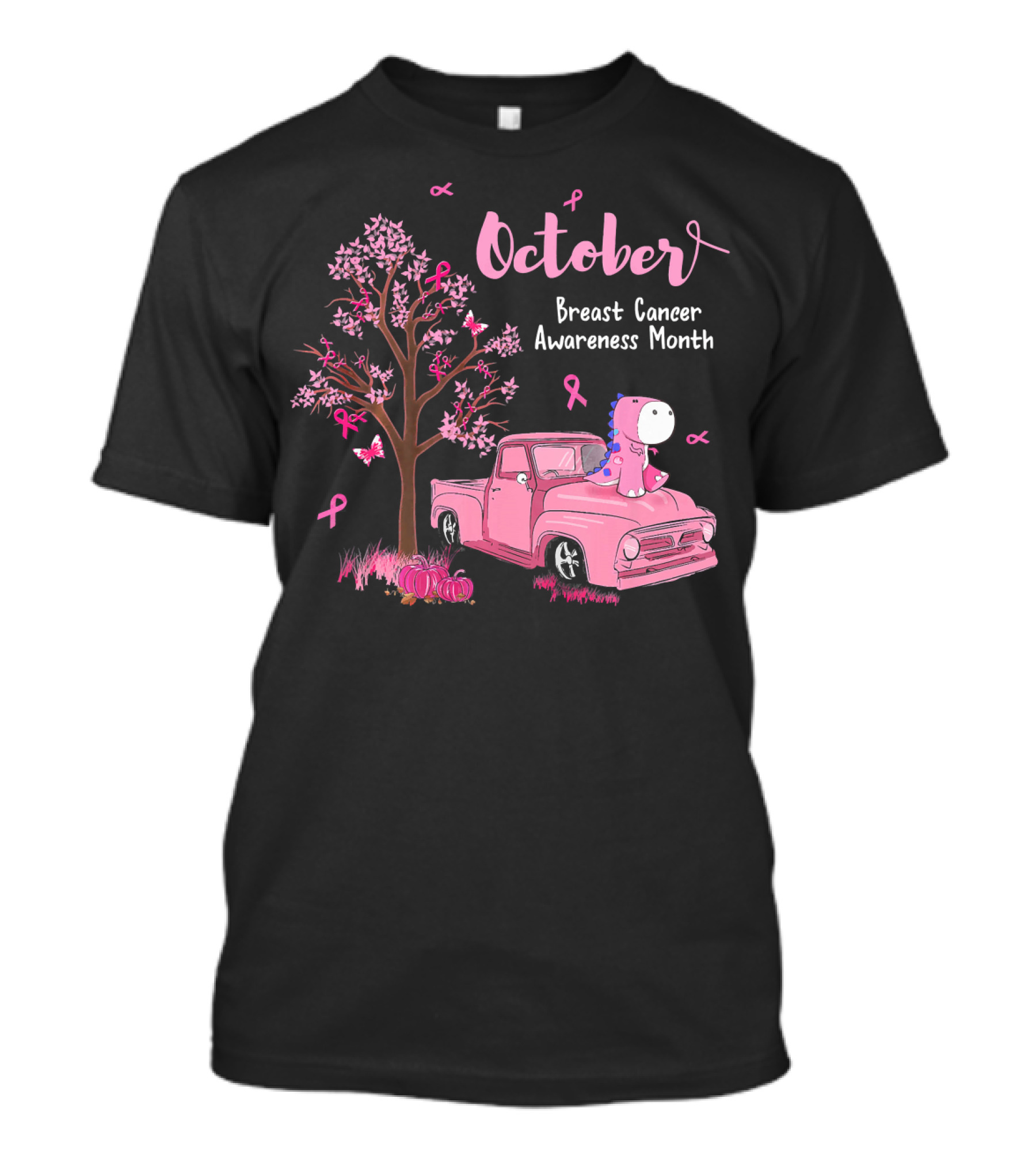 October Pink Ribbon Pumpkin Truck Dinosaur Breast Cancer Awareness Month T-Shirt