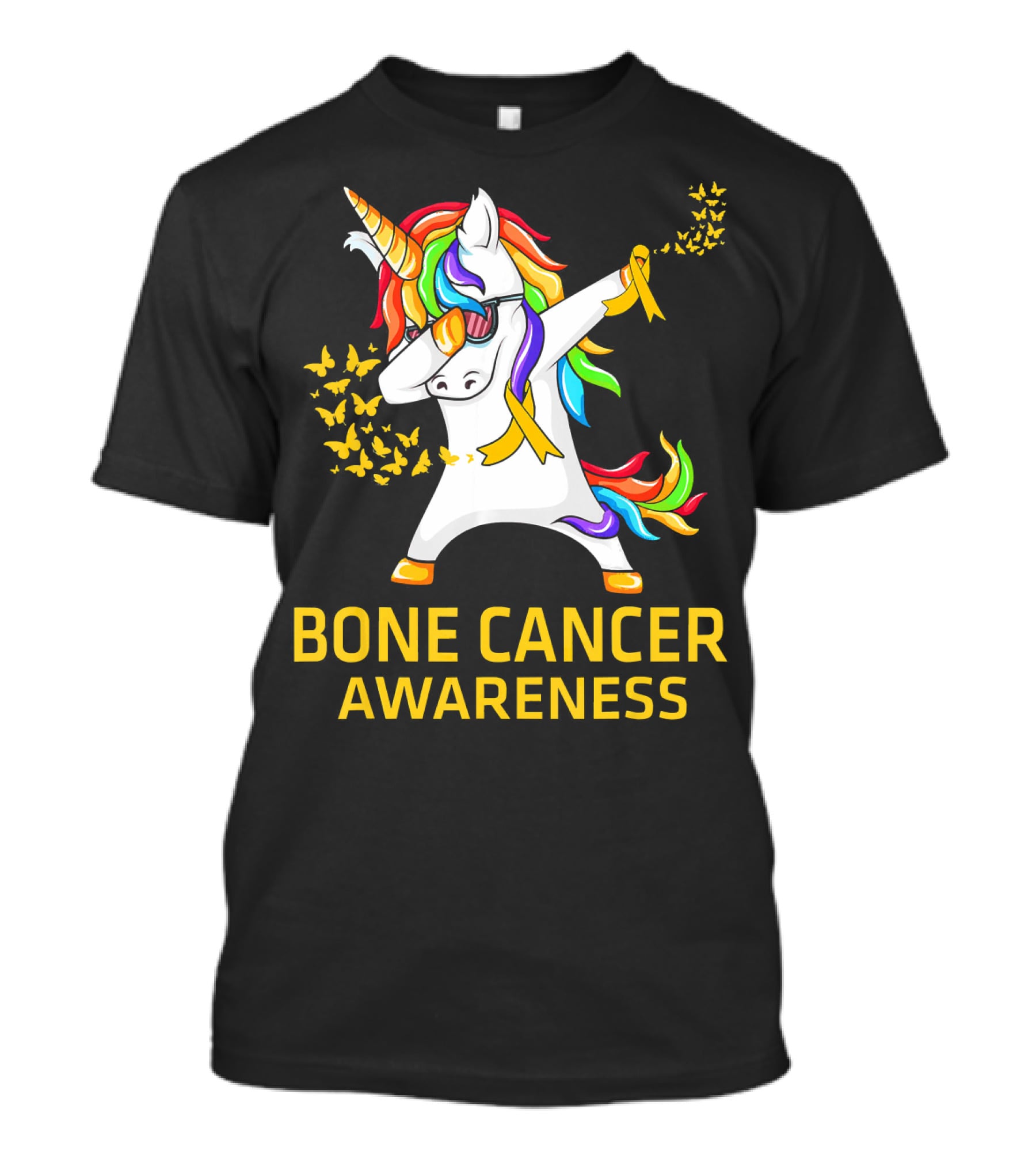Bone Cancer Awareness Unicorn Dab With Yellow Ribbon Butterflies T-Shirt