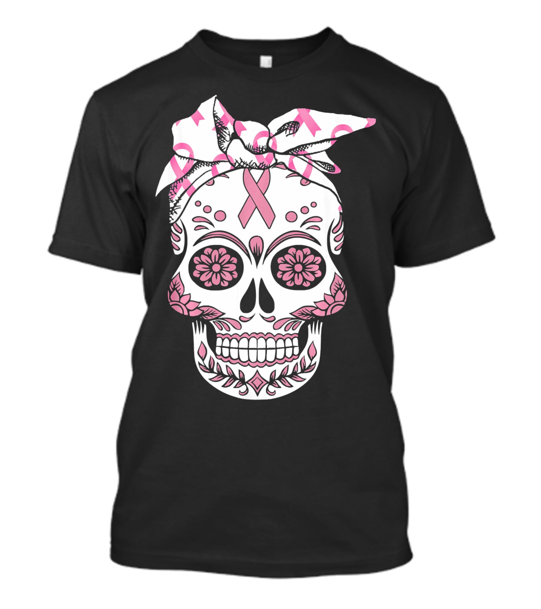 Day Of The Dead Skull With Pink Ribbon For Breast Cancer Awareness T-Shirt