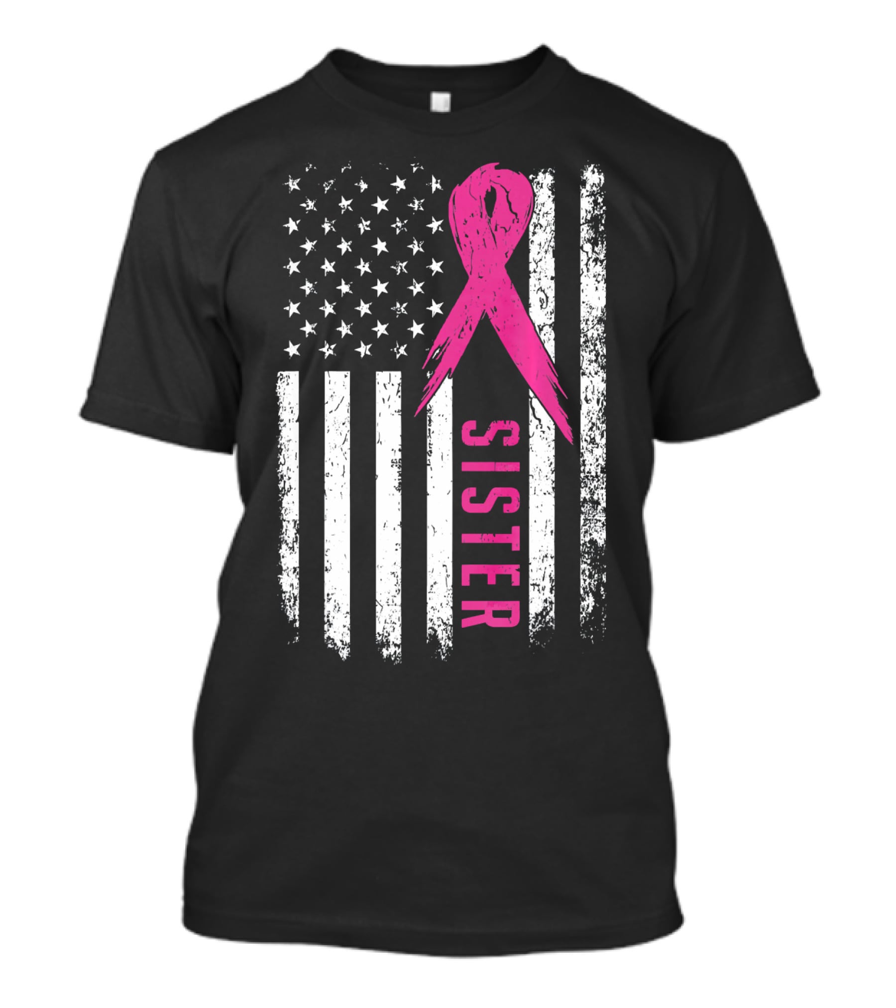 Sister Pink Ribbon American Flag Breast Cancer Awareness T-Shirt