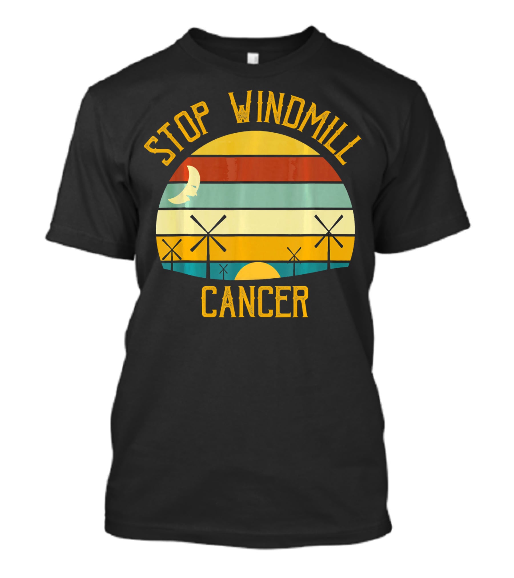 Stop Windmill Cancer Awareness Moon Sunset Stripes T-Shirt